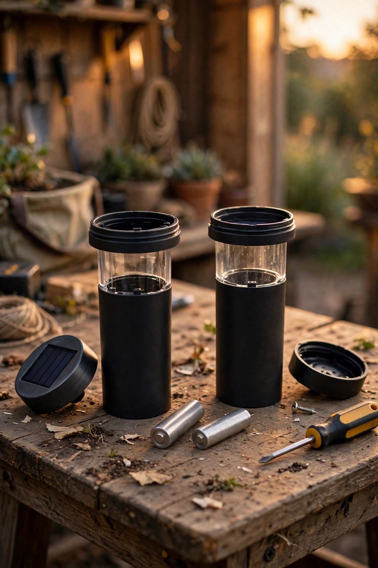 Two matching solar path lights side by side on a workbench with their caps and batteries swapped to test which part failed