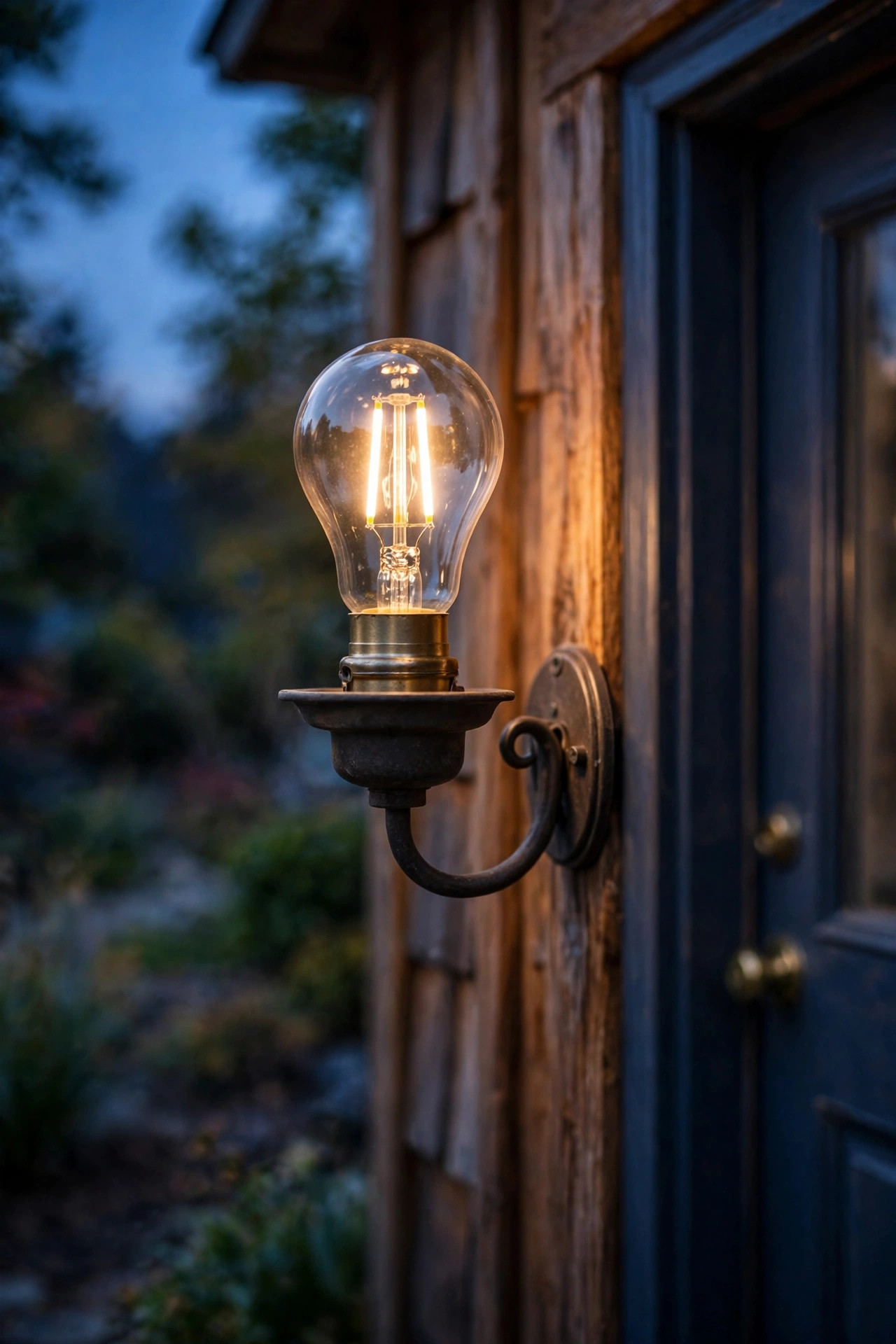 Fresh LED bulb being fitted into an open porch sconce beside a front door