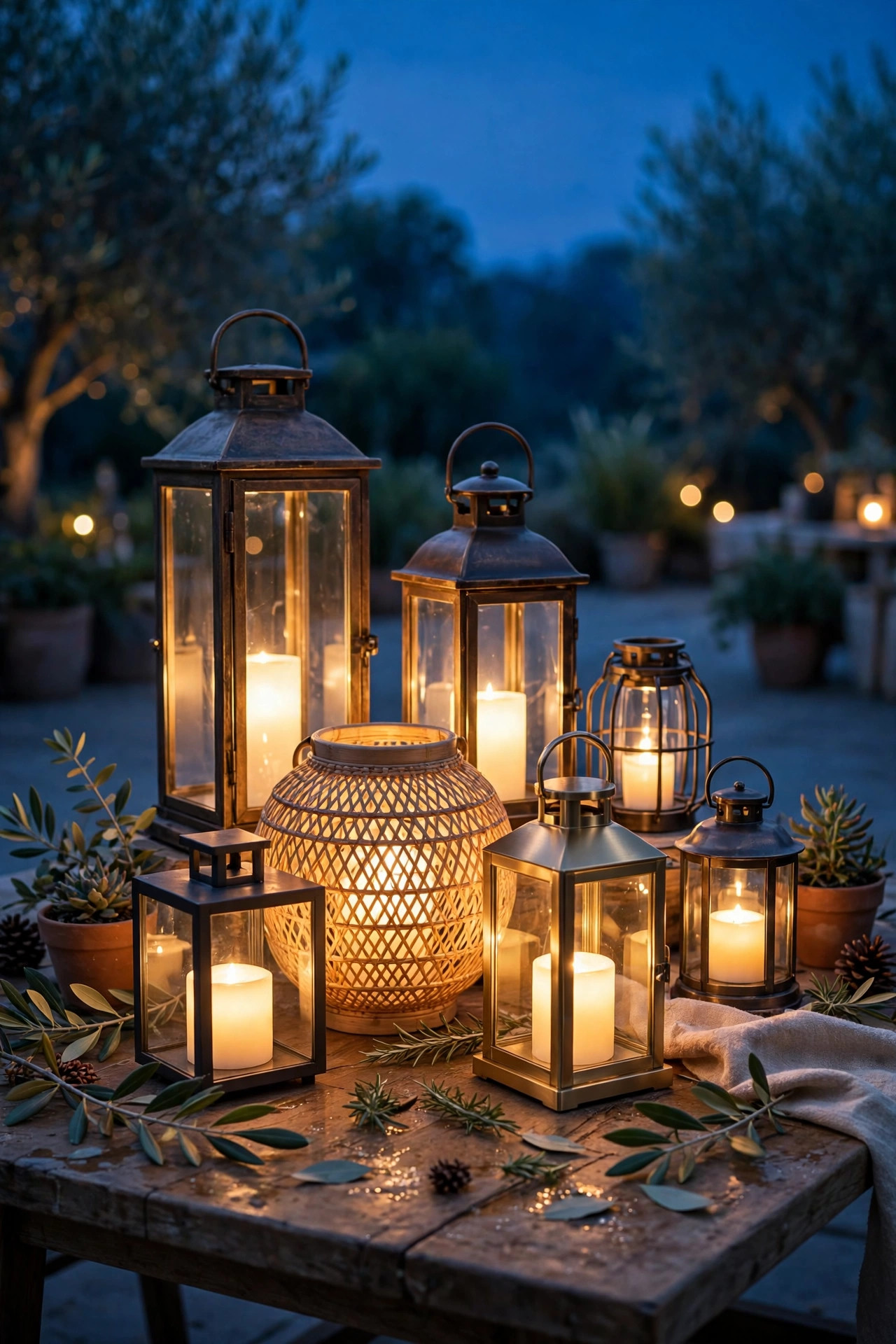 Cluster of warm flameless lanterns at different heights glowing on a patio table at dusk