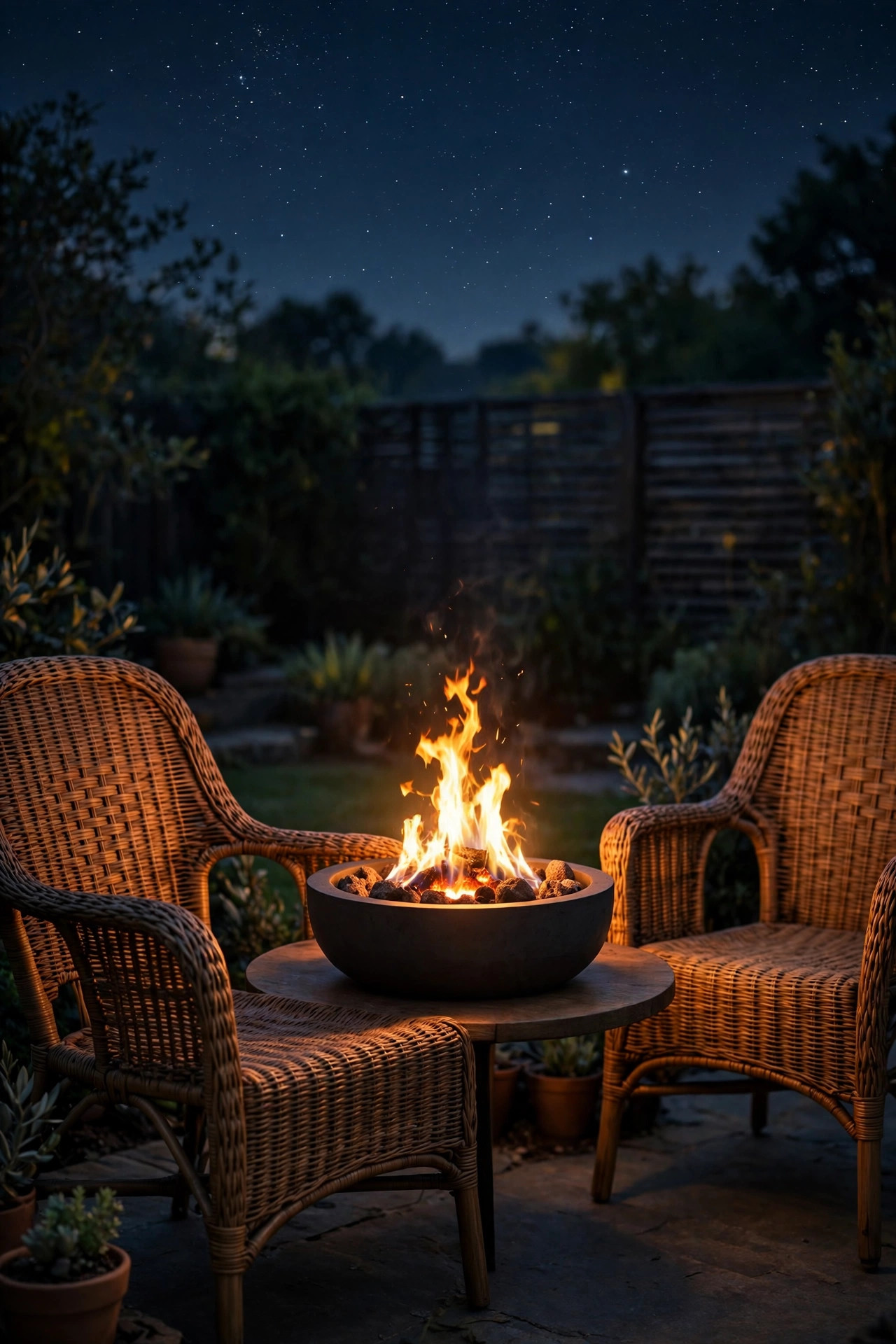 Small tabletop fire bowl flickering warmly between patio chairs on a dark night with stars visible above
