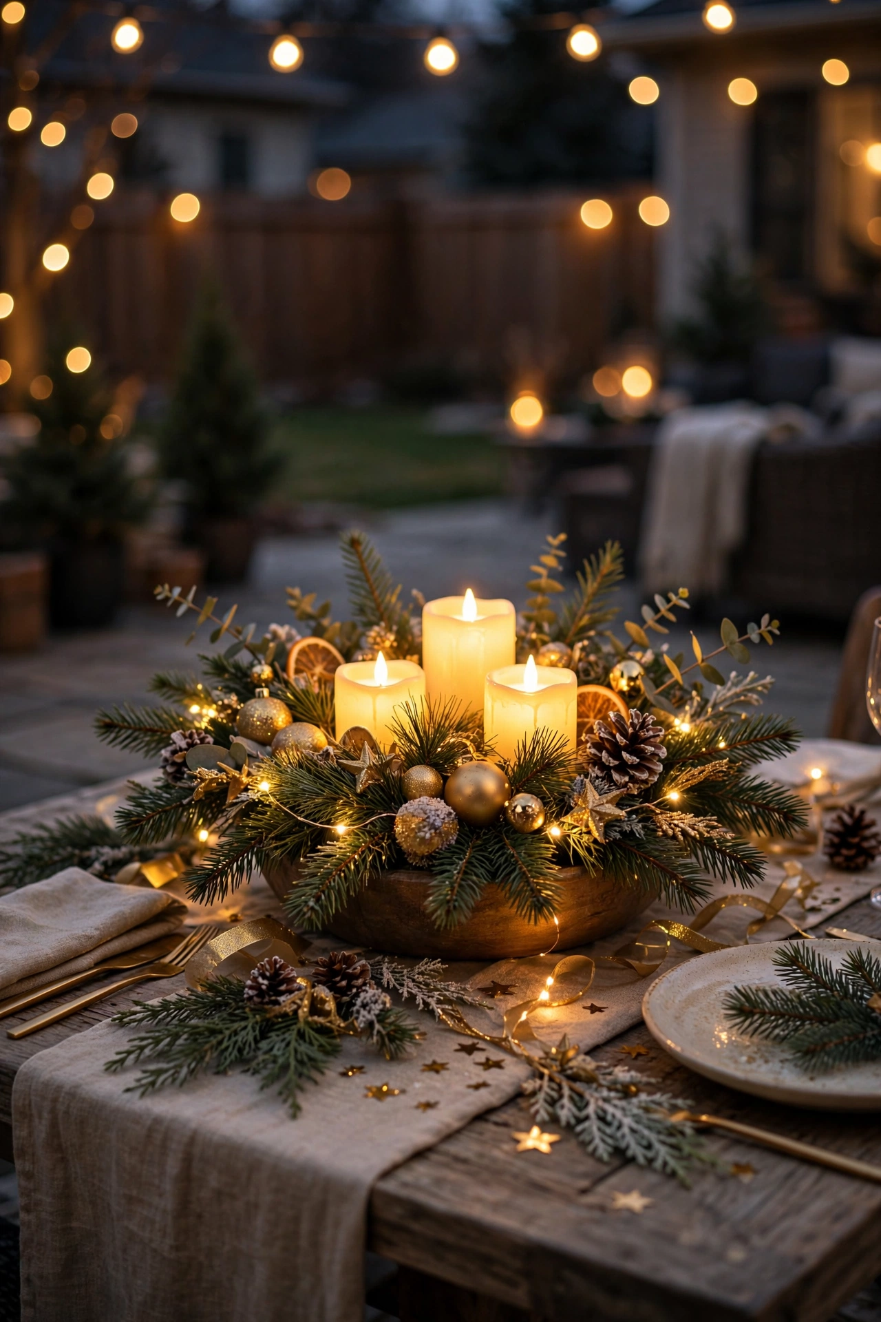 Glowing tabletop centerpiece with LED candles and fairy lights at an outdoor New Year's Eve party