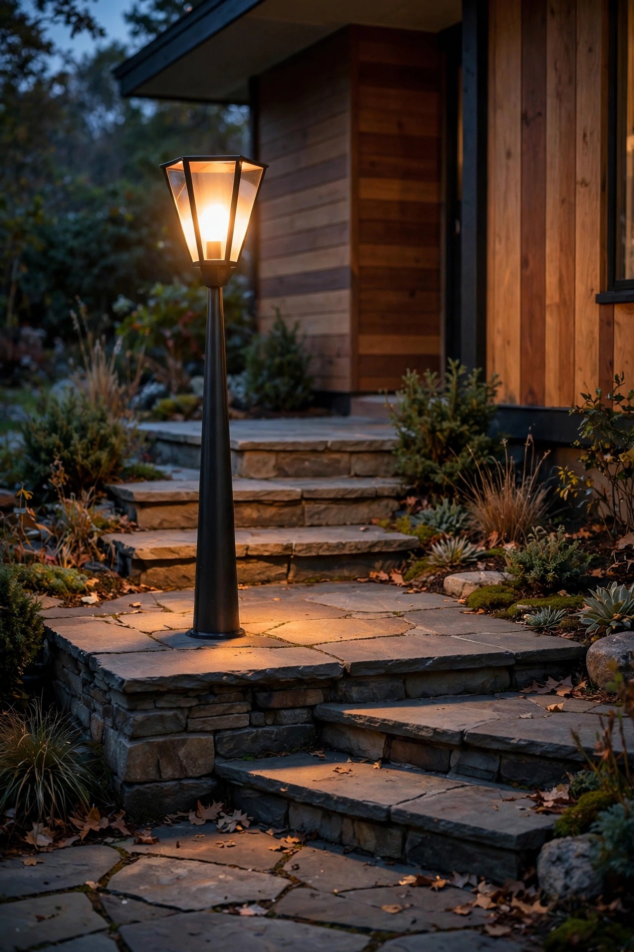 Tapered mid-century modern post light washing warm light over porch steps and a stone landing at dusk