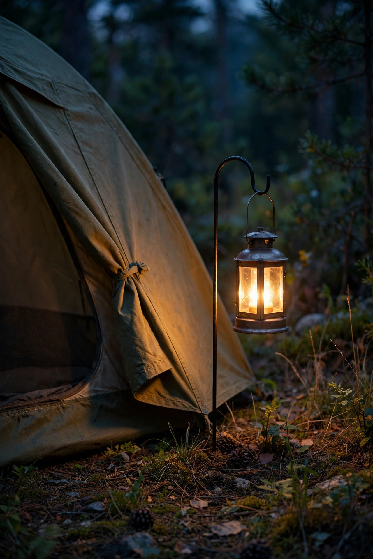 Small lantern on a short shepherd's hook glowing beside a tent entrance at night