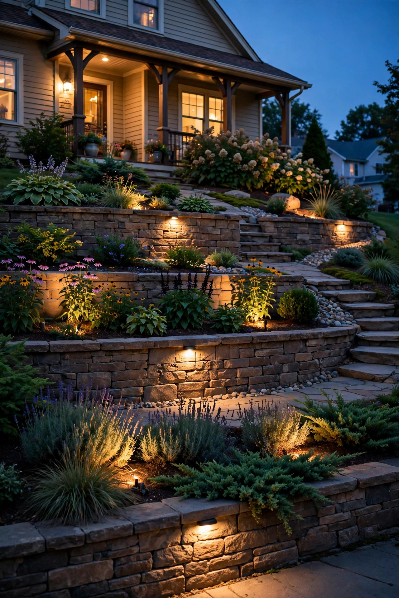 Individual spotlights accenting each terrace level of a sloped front yard garden