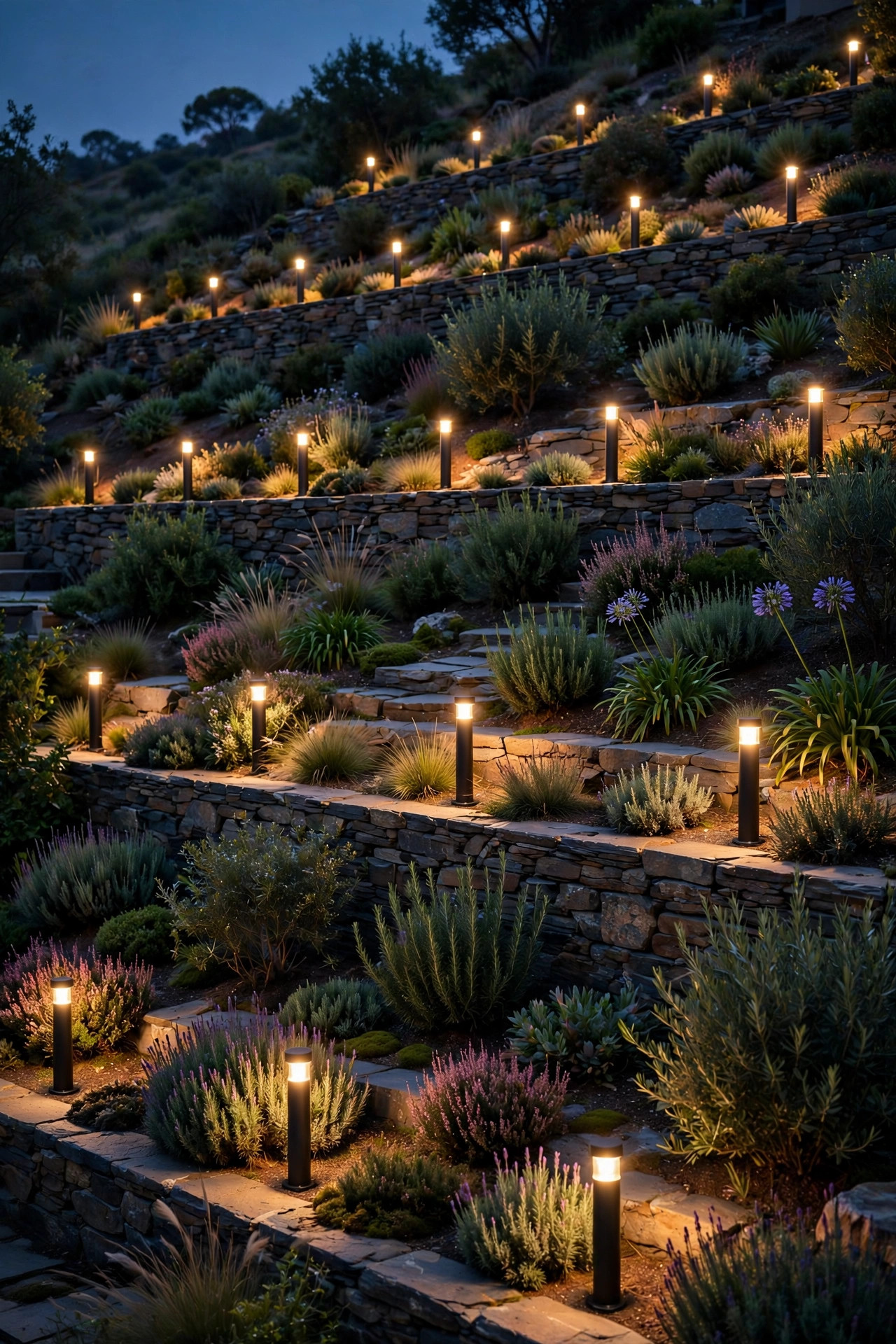 Bollard lights following terraced garden levels on a sloped yard at dusk each terrace glowing with warm light