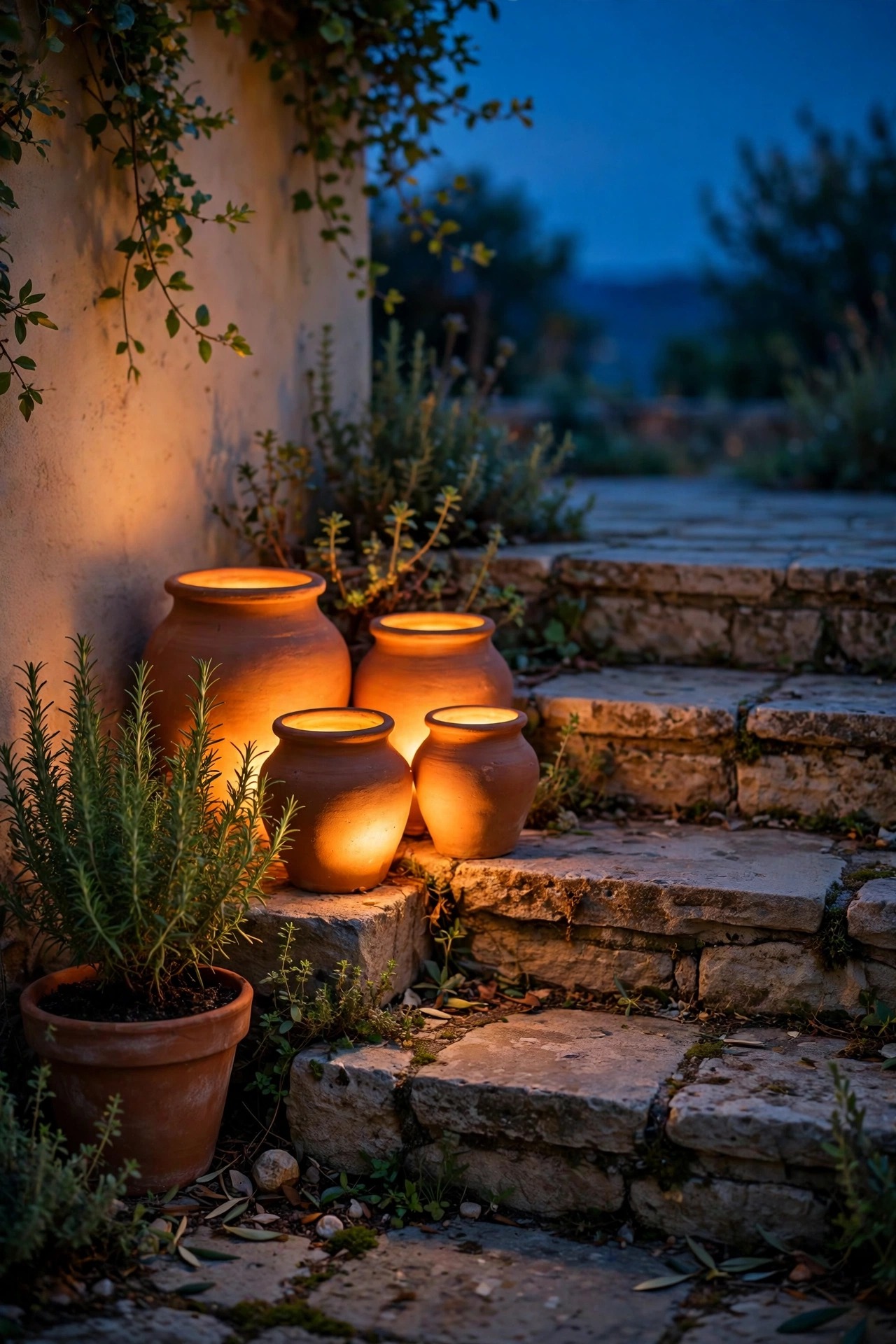 Cluster of terracotta pots glowing like lanterns beside patio steps with a potted rosemary plant