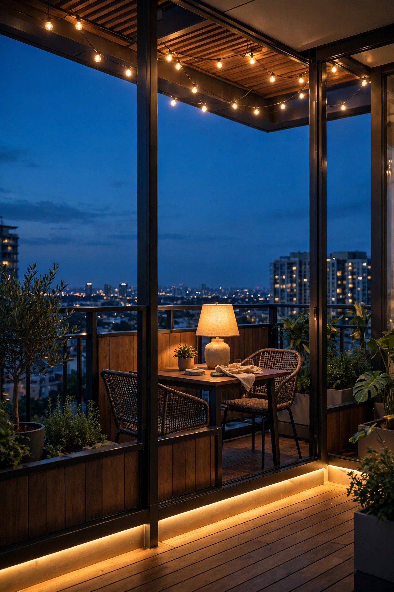 Condo balcony showing three layers of warm light at floor level, table height and overhead at dusk
