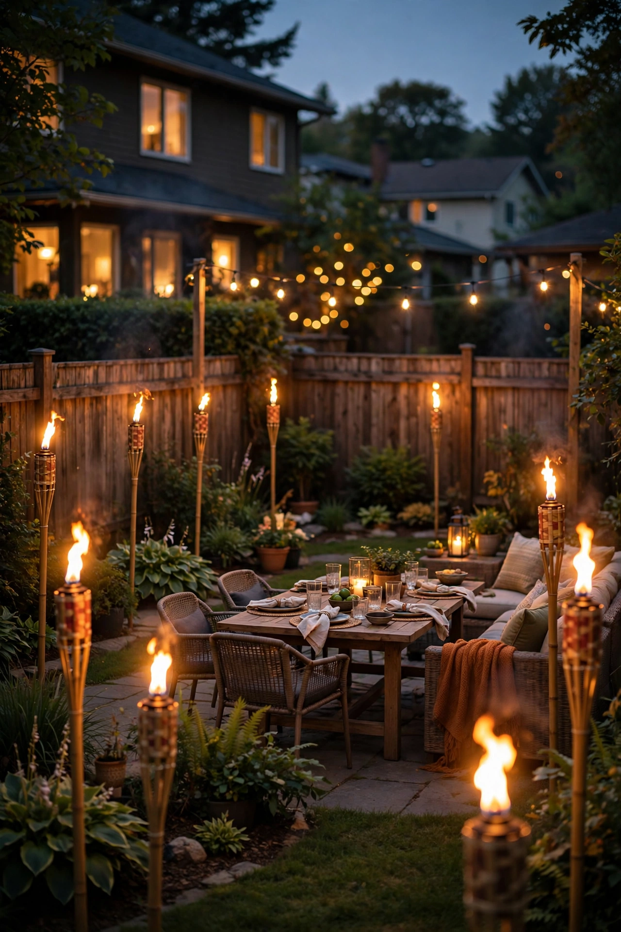 Tiki torches with real flames lining a backyard party perimeter at dusk
