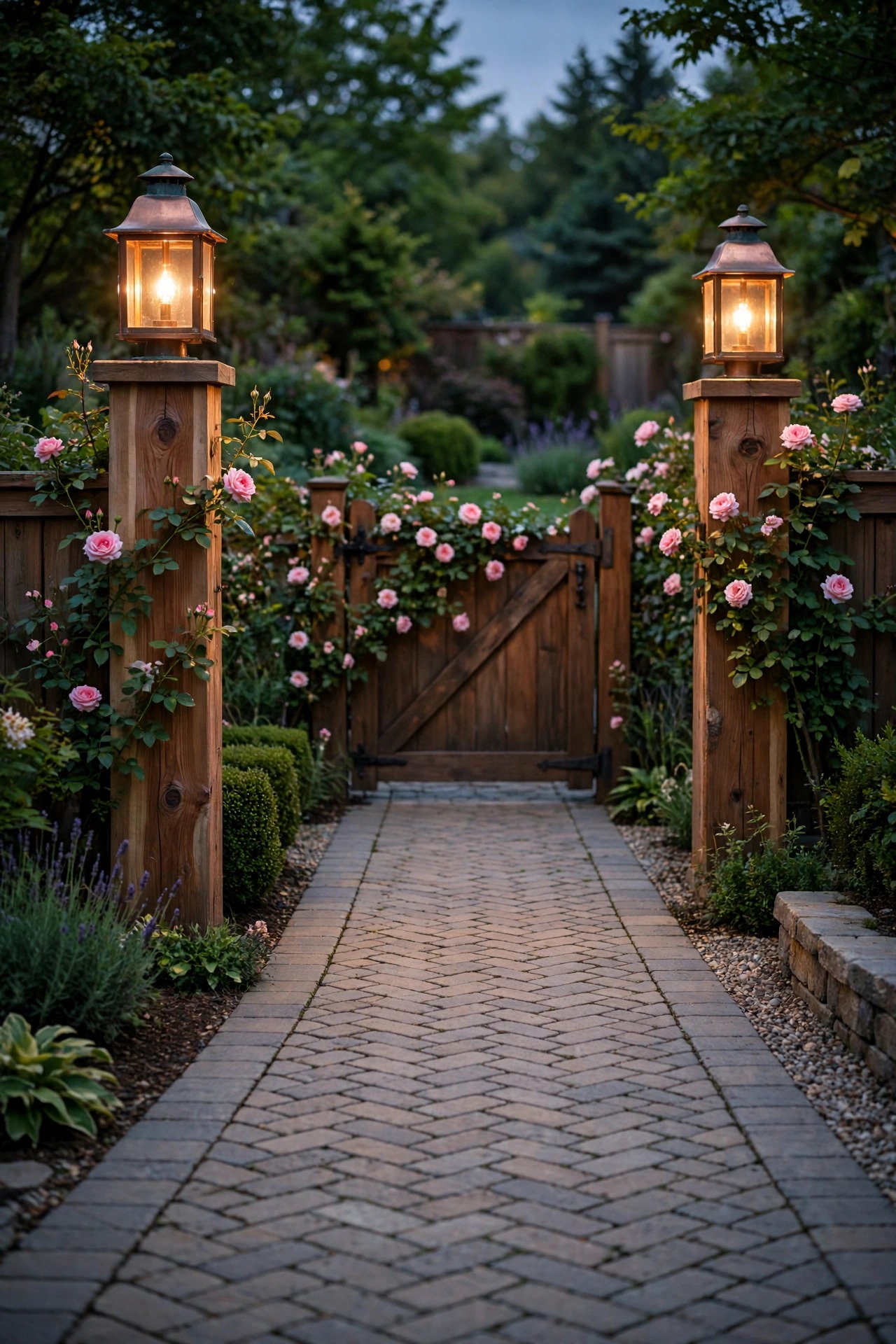 Cedar timber posts with copper-capped lanterns flanking a garden gate at the end of a craftsman driveway, roses climbing