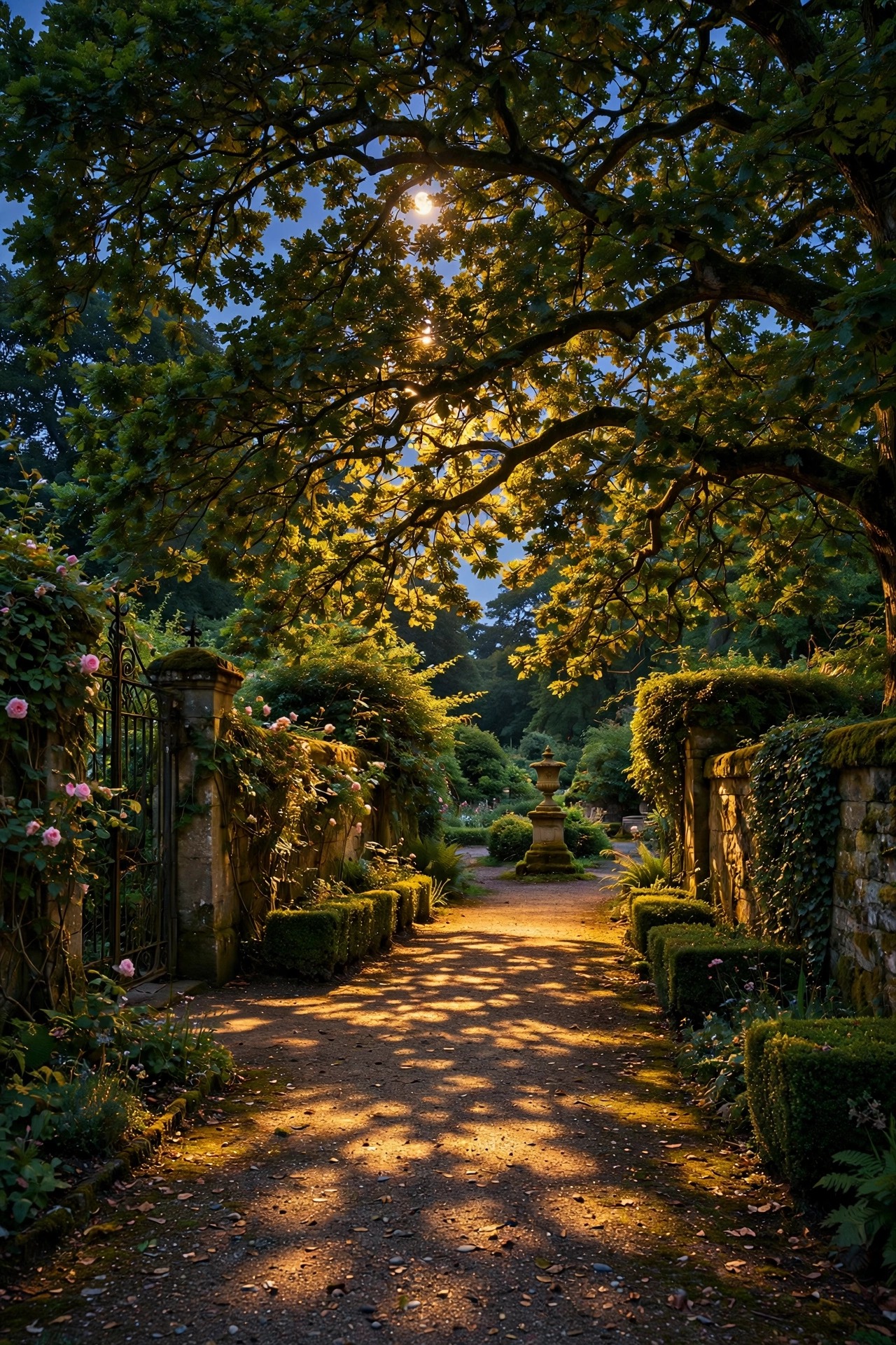 Warm moonlighting effect through a mature tree canopy dappling a Victorian garden path