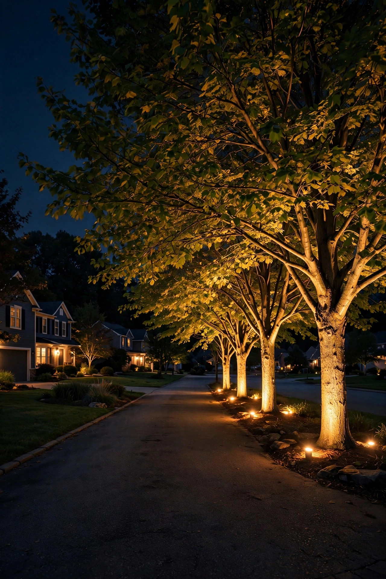 Uplights washing a row of trees in warm light along a driveway at night