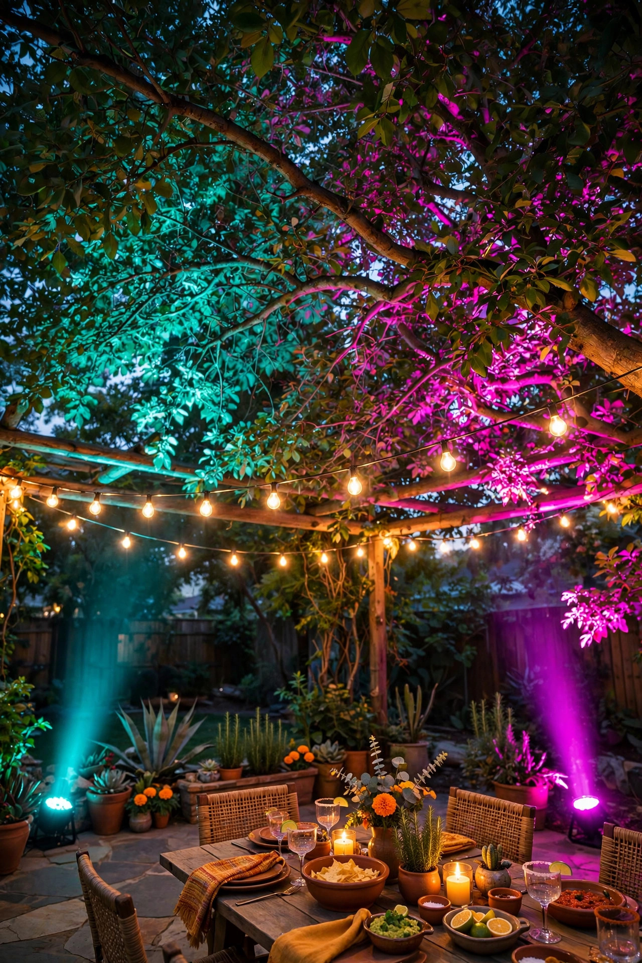 Backyard tree canopy washed in magenta and teal light from ground spotlights above a patio party