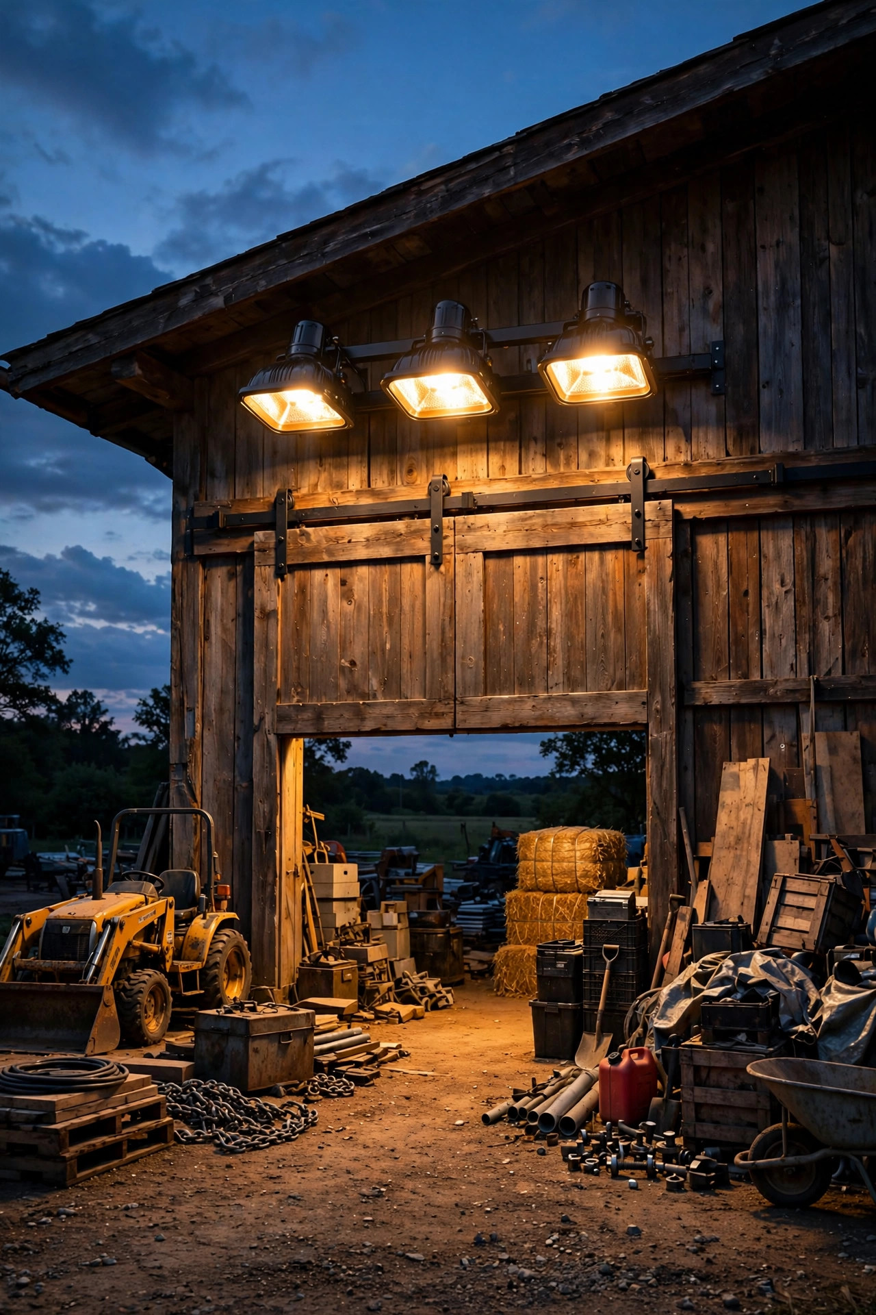Triple-head flood light above a barn door lighting the work yard and equipment area at dusk