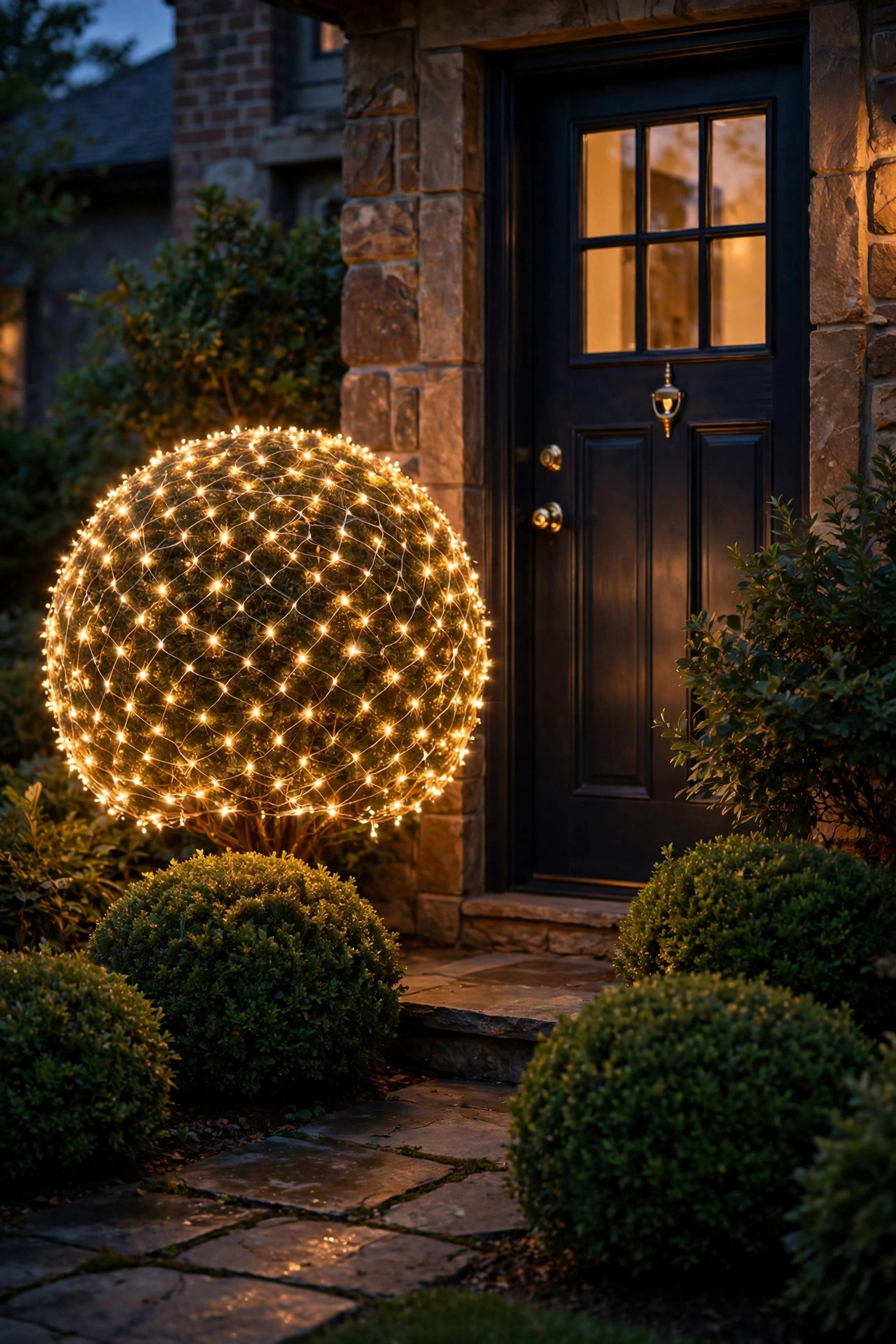 Single round shrub wrapped in a gently twinkling warm net light beside a front door surrounded by steady warm white shrubs