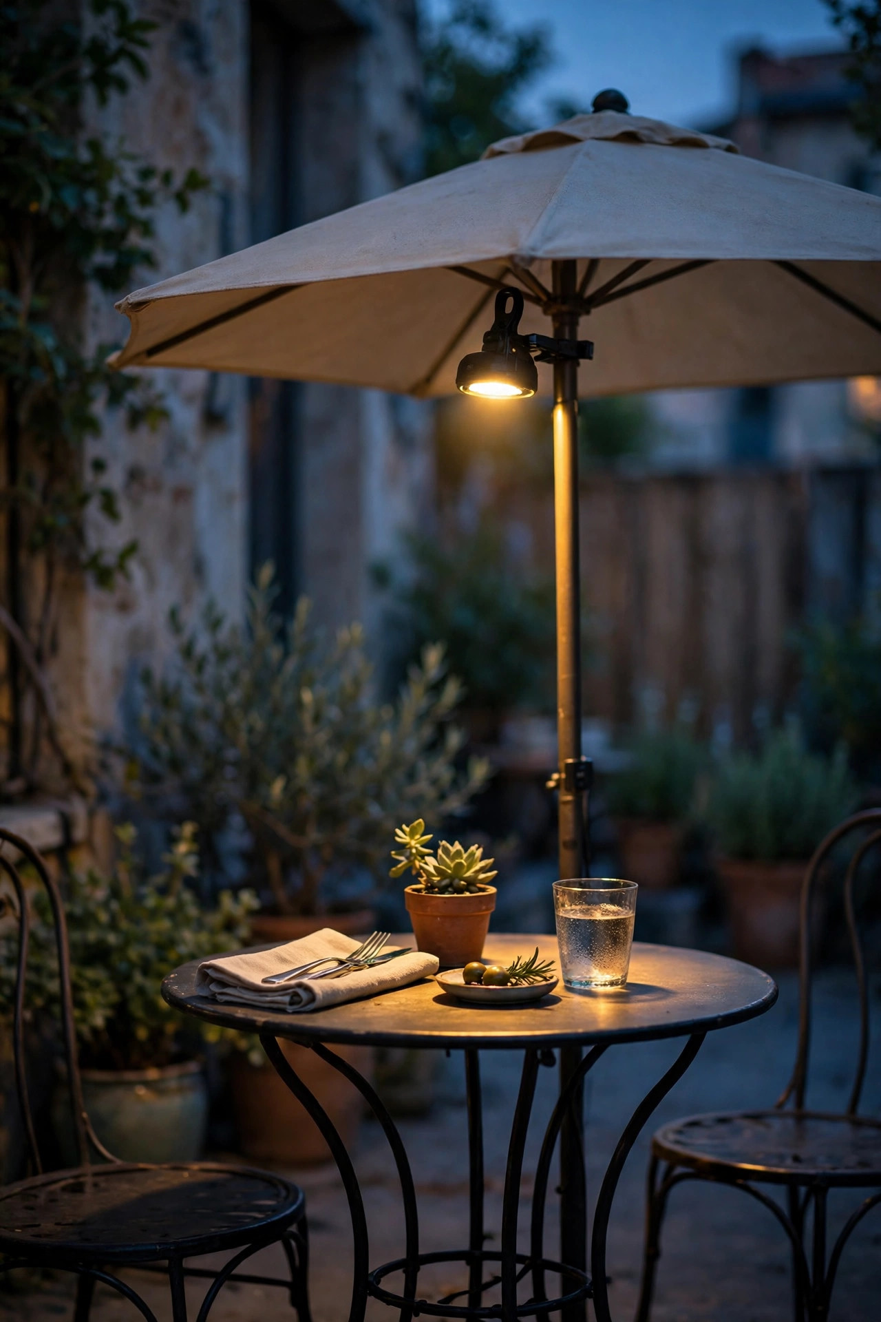 Umbrella clip light casting a warm pool of light over a small patio bistro table at dusk