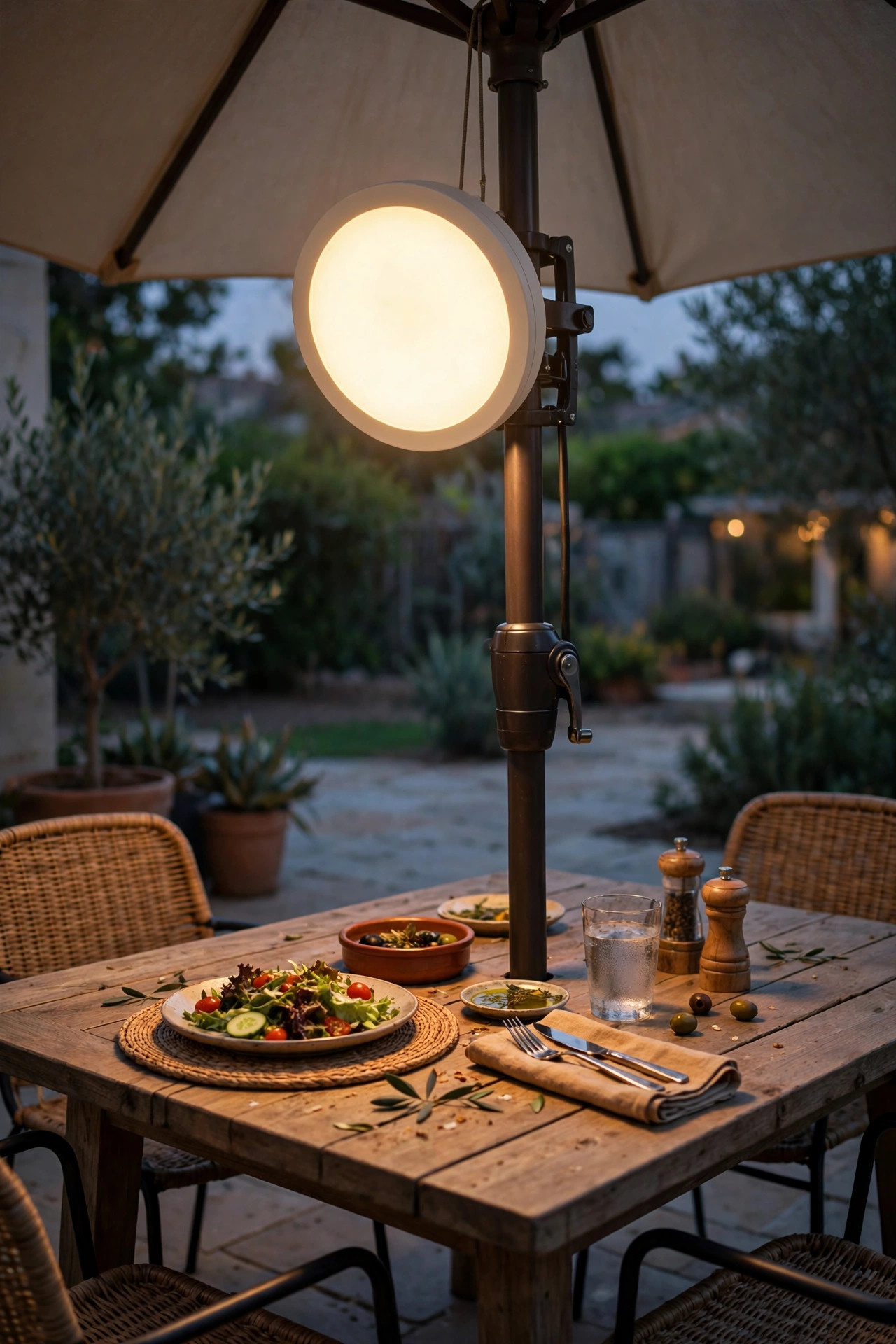 Round umbrella light clamped to a patio umbrella pole casting warm light over an outdoor dining table