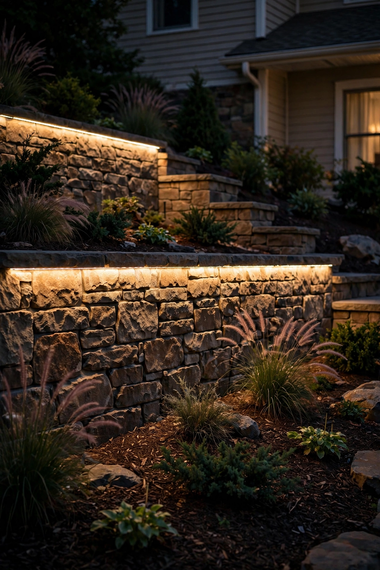 Warm LED strip glowing under capstones of a stone retaining wall in a side yard