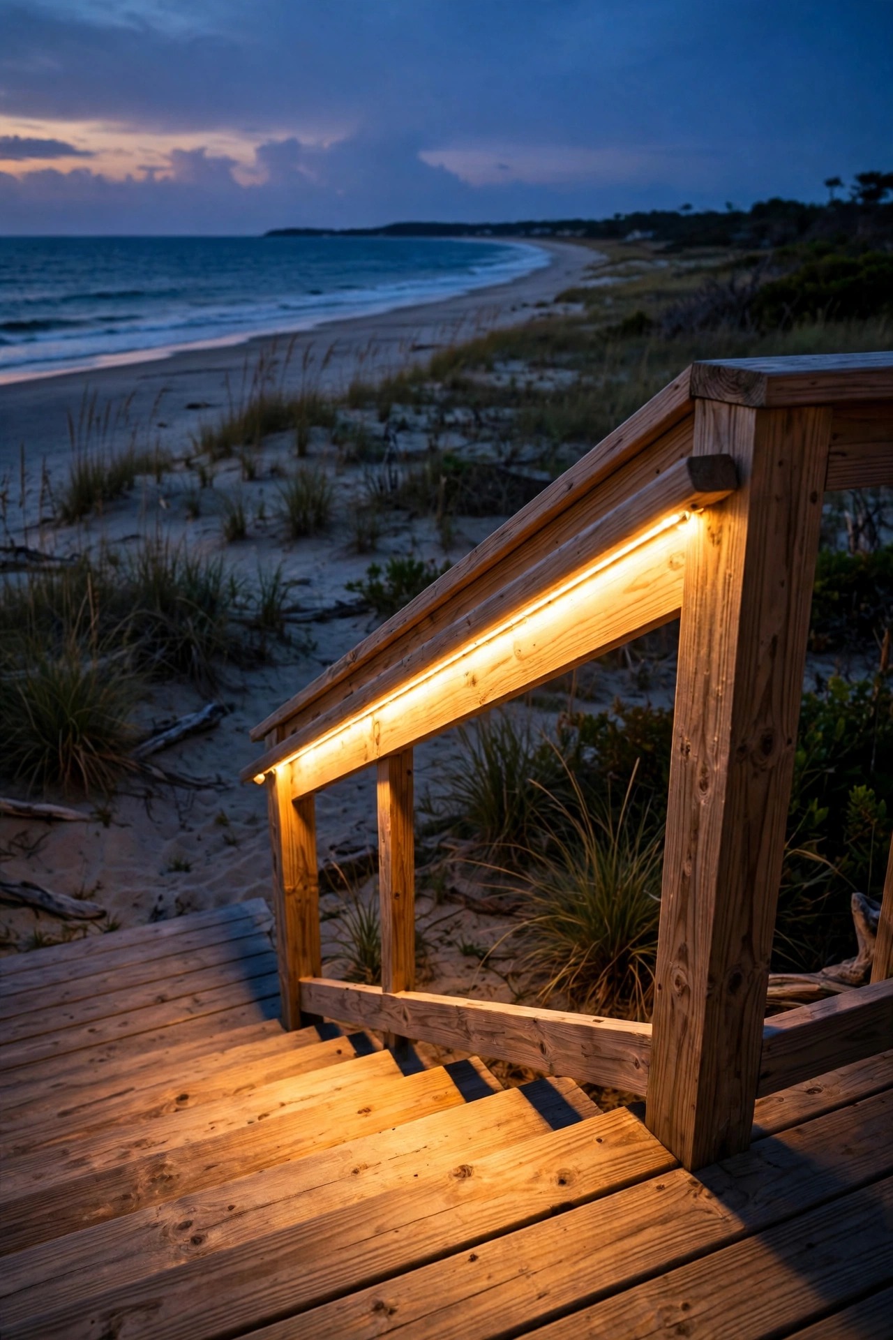 Warm LED strip light glowing from beneath a beach deck handrail at night
