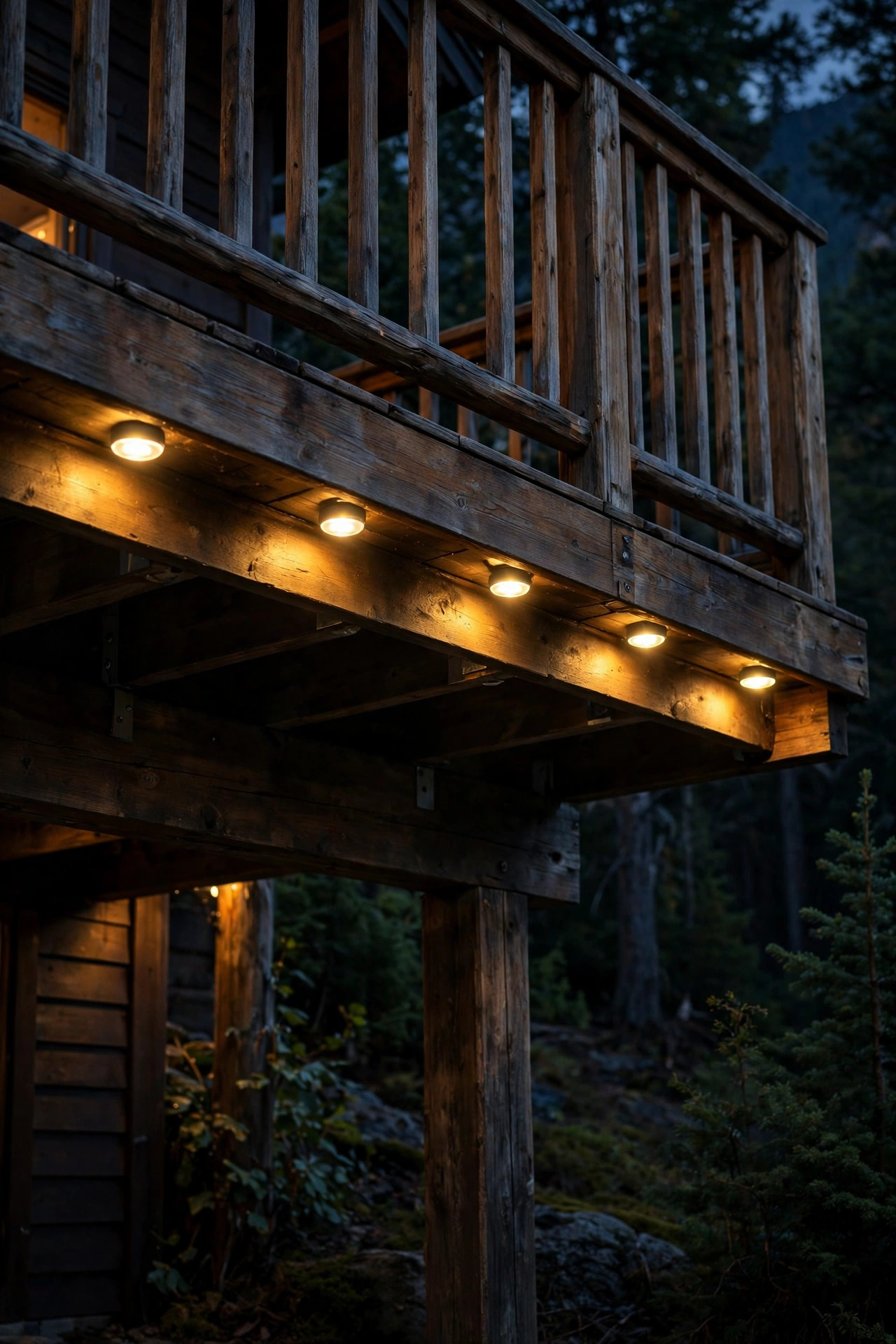 Hidden battery puck lights glowing beneath a cabin deck handrail at night