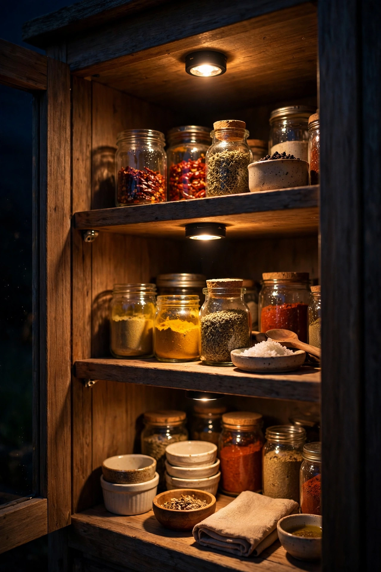 LED puck lights illuminating spices on outdoor kitchen pantry shelves at night