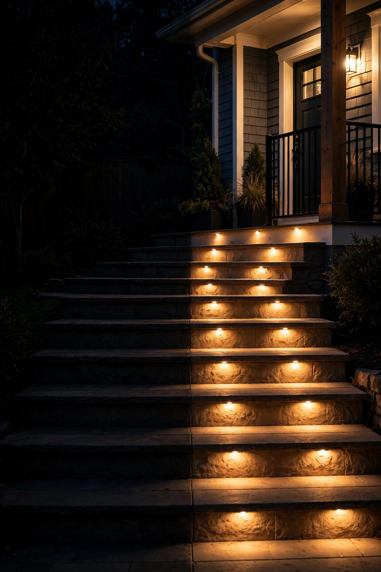 Dark unlit porch steps at night versus the same steps with warm recessed step lights illuminating each tread
