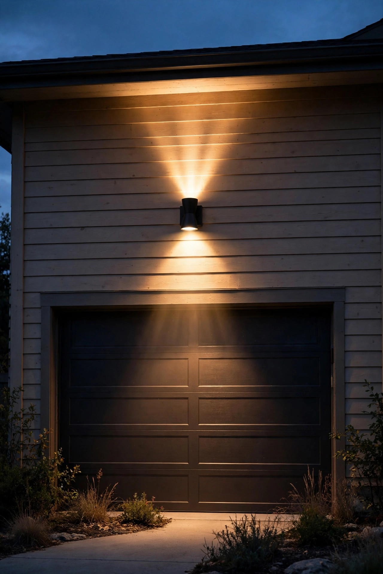Up-down wall washer sconce above a garage door throwing beams of warm light up and down the siding