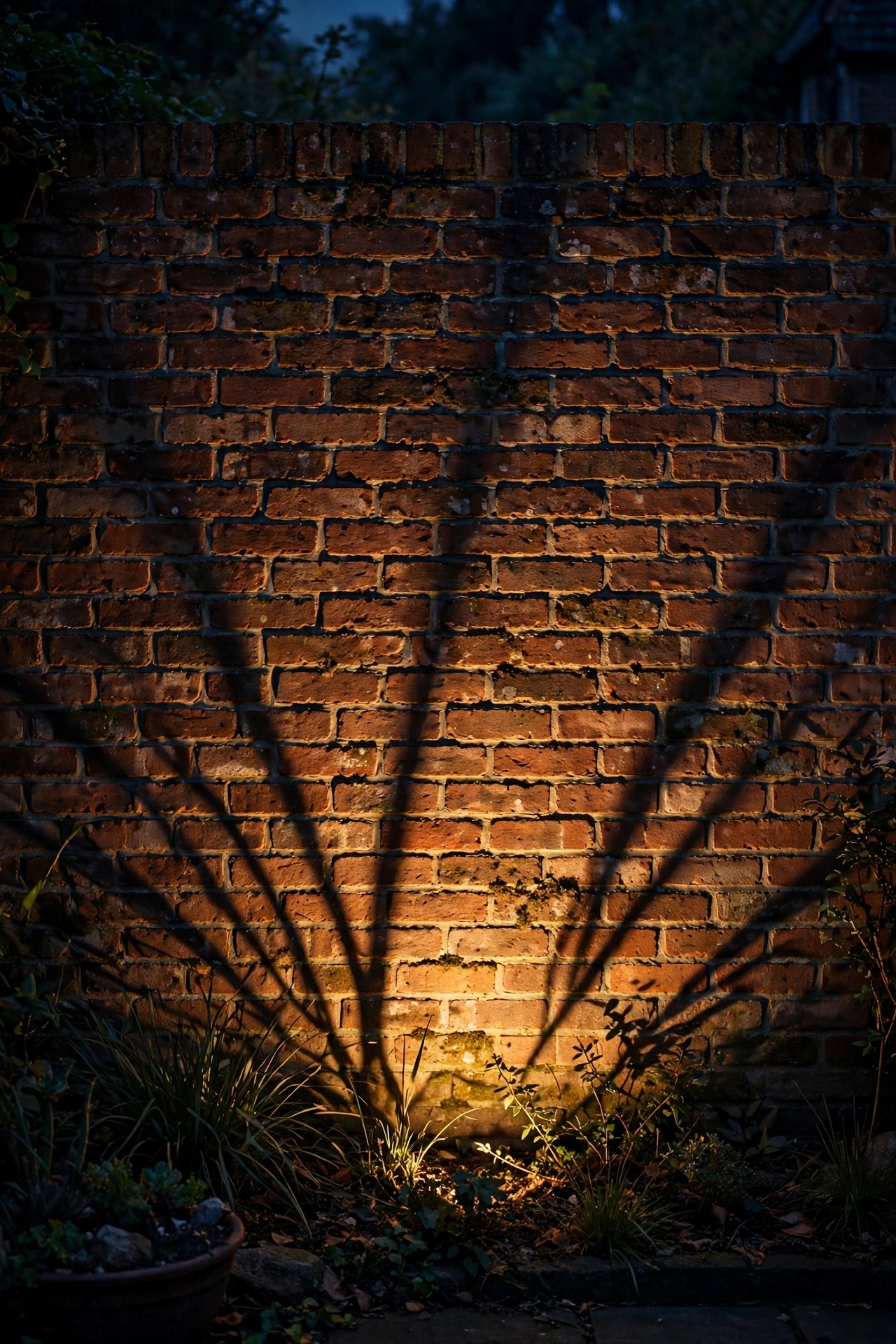 Warm uplight grazing across a brick backyard wall showing dramatic texture and long shadows at night