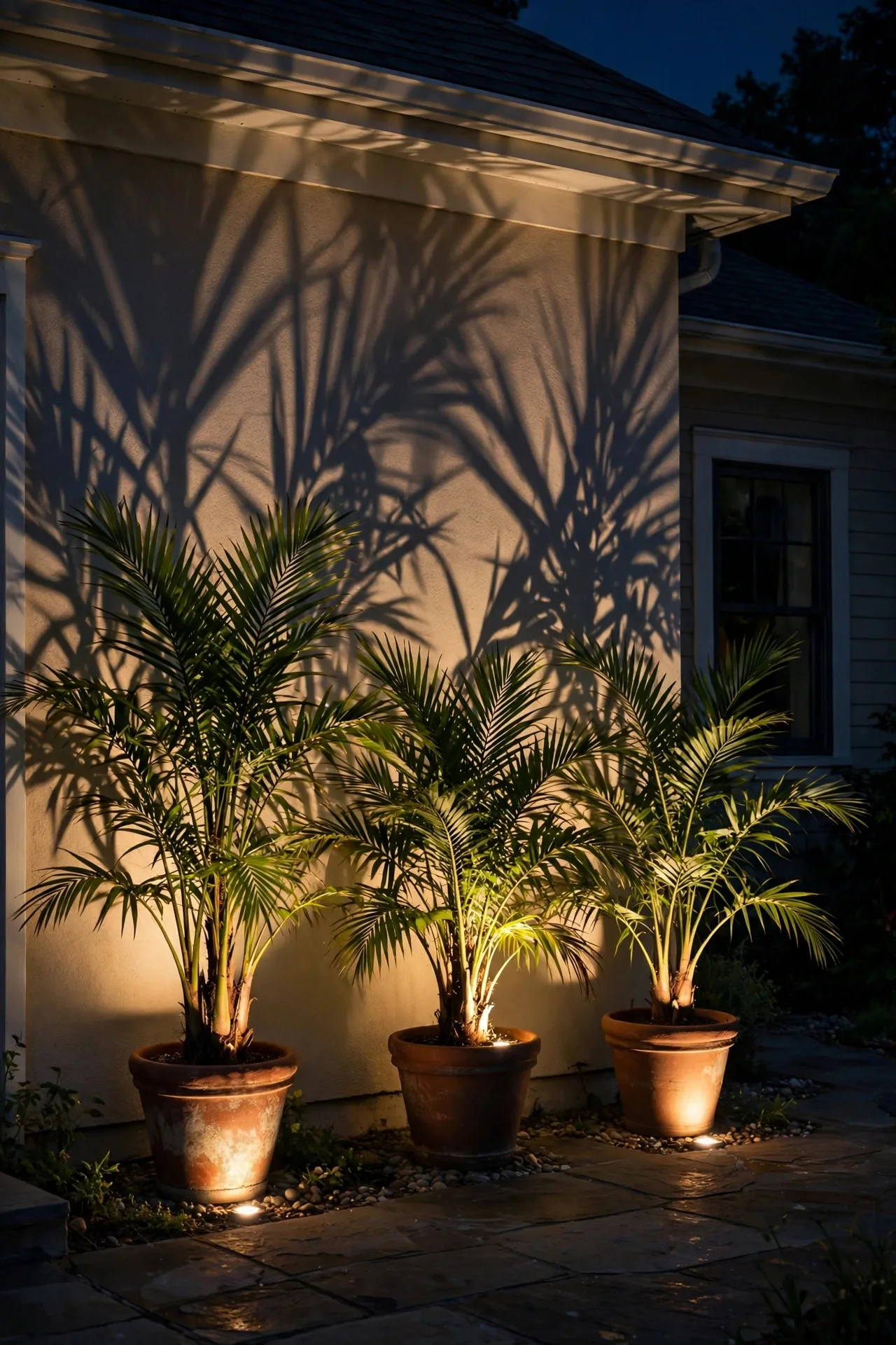 Potted palm trees uplights glowing on a summer patio at night