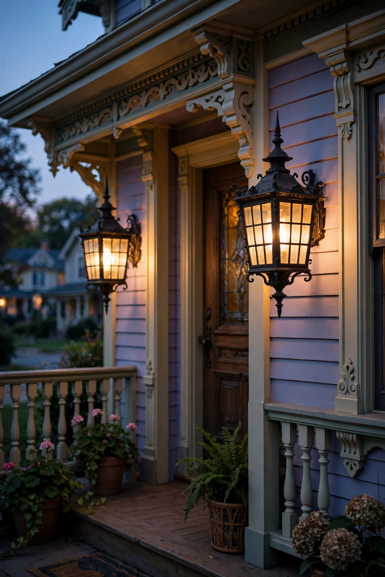 Ornate divided-pane outdoor wall lanterns with finial tops on a Victorian painted lady porch at dusk