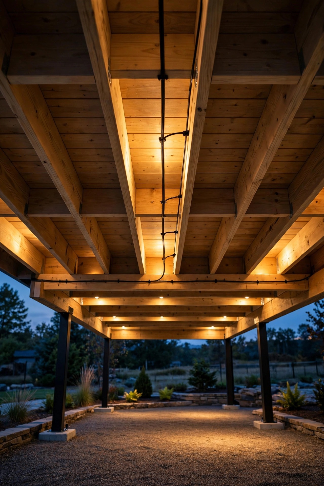 Underside of a raised deck at dusk with neatly run hidden low voltage cable along the joists and a warm glow spilling down, clean finished under deck space with no visible wires on top