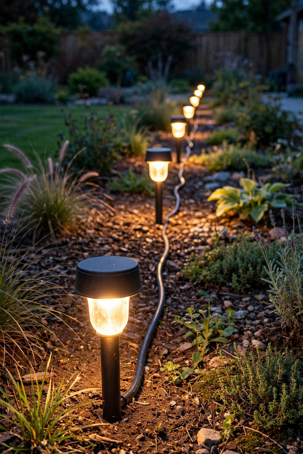 Photorealistic warm dusk view of a row of landscape path lights along a bed, the nearest glowing bright and warm beside a low voltage cable run