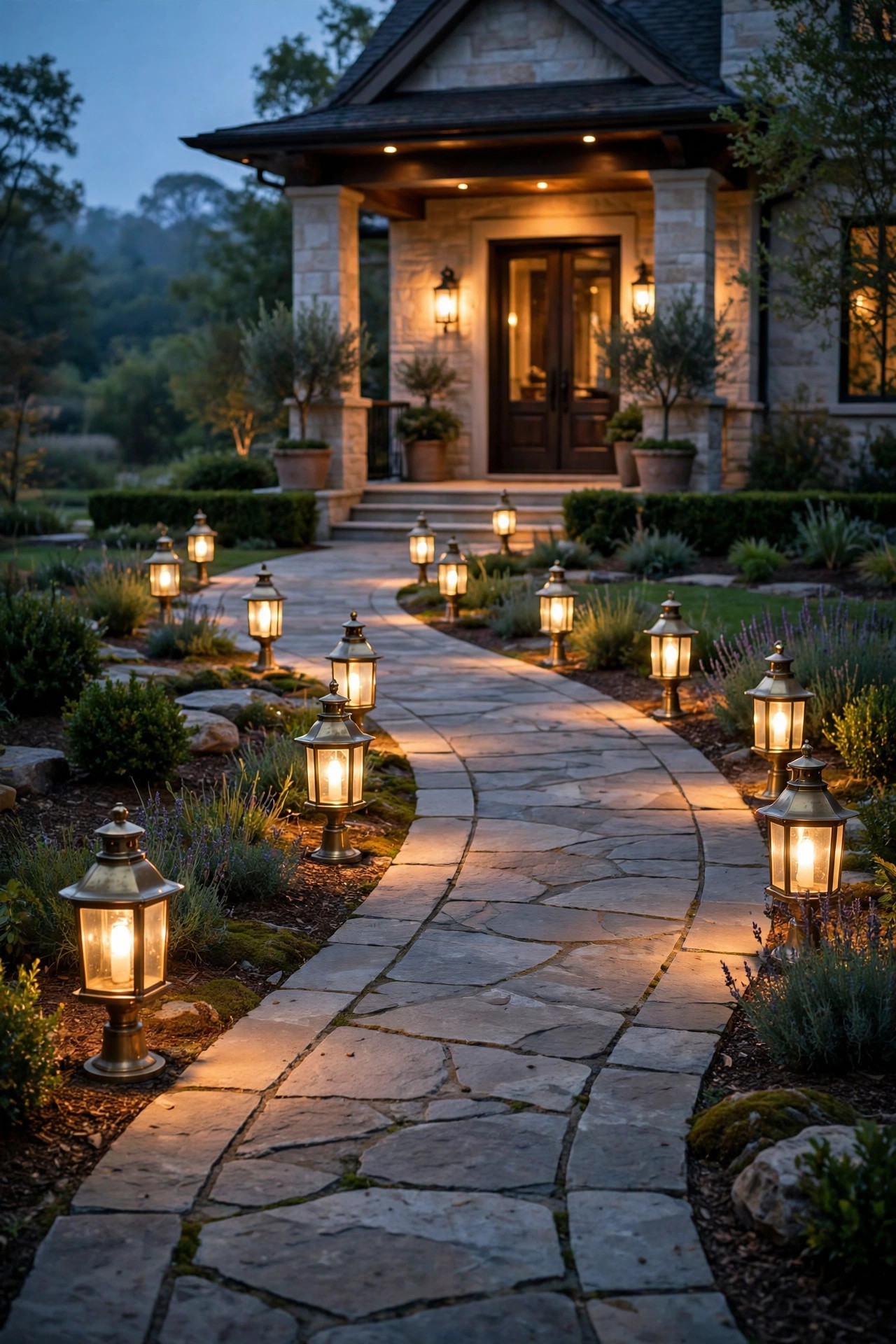 Cast brass path lanterns lining a curved stone walkway toward a glowing luxury front porch at dusk