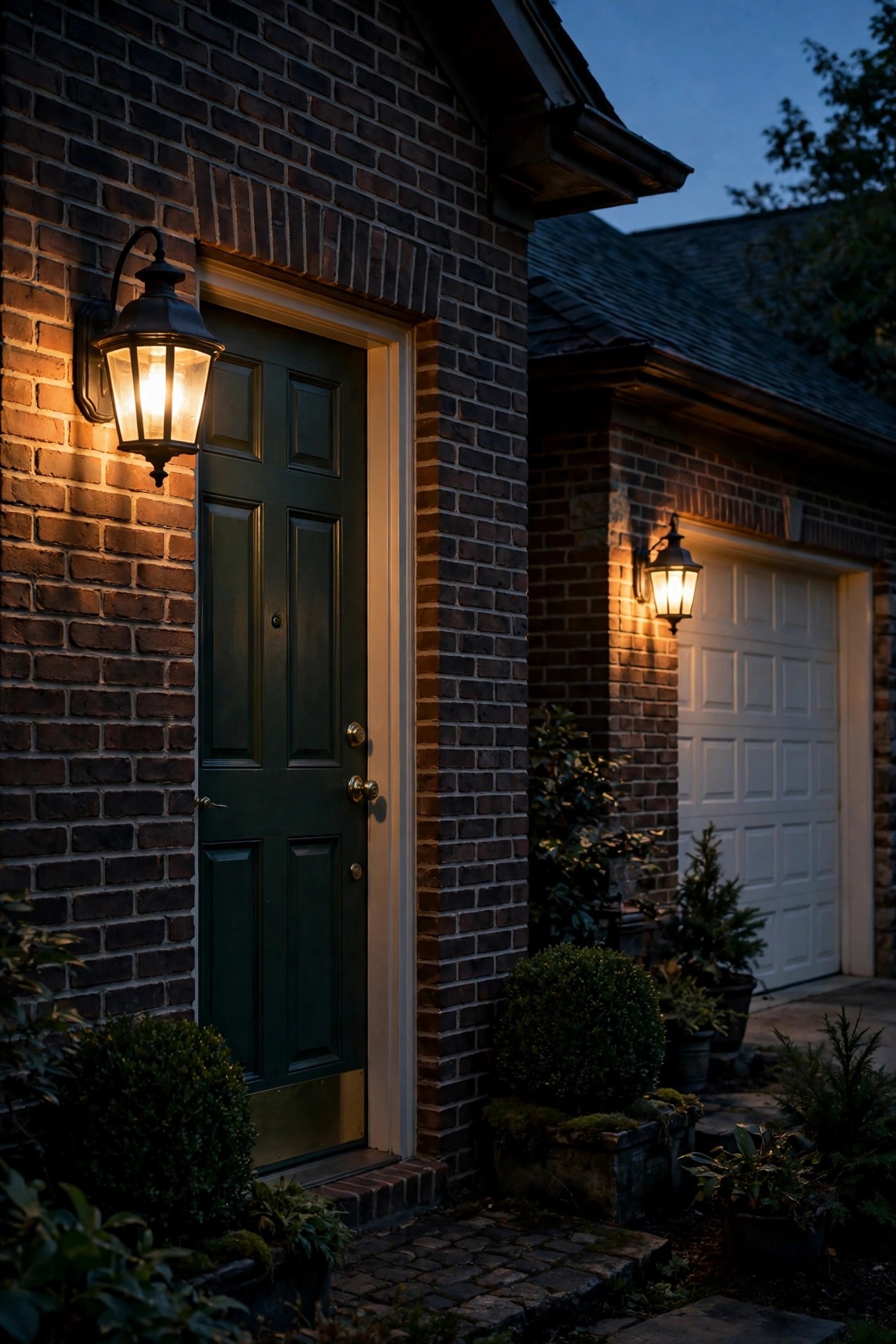 Classic wall-mount coach lantern glowing beside a paneled front door at dusk, warm light washing down brick siding, matching lantern by the garage