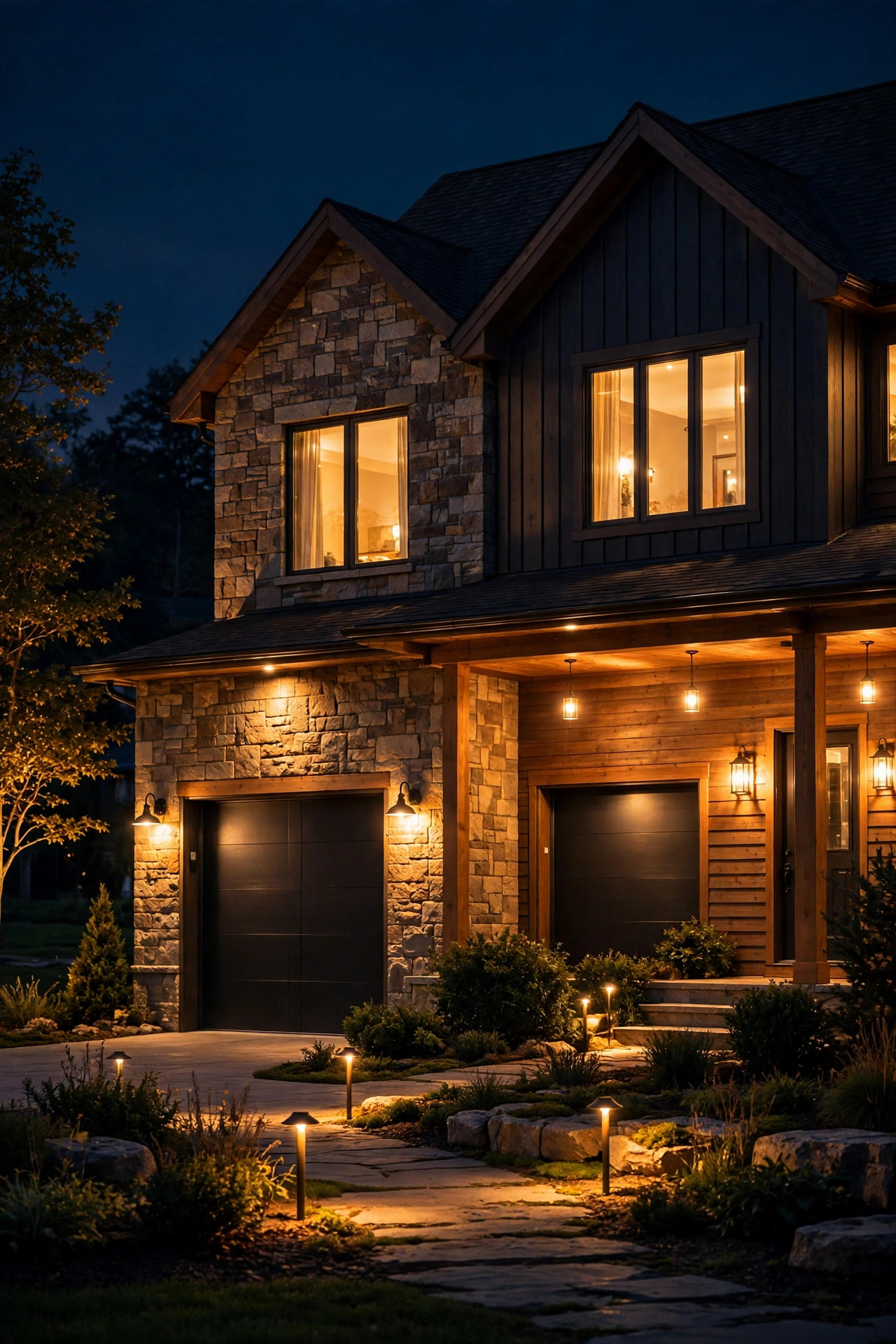 Colonial porch at dusk where every fixture glows the same warm 2700K amber white