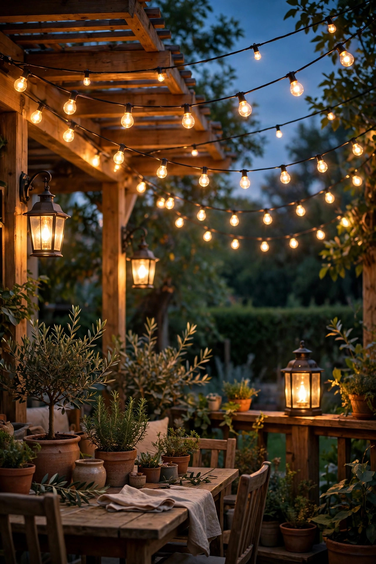 Warm white 2700K bulbs glowing consistently across patio lanterns and string lights at dusk