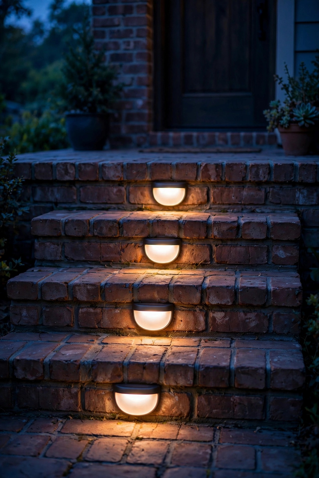 Warm white shielded solar step lights with frosted lenses glowing softly on brick porch steps, no glare