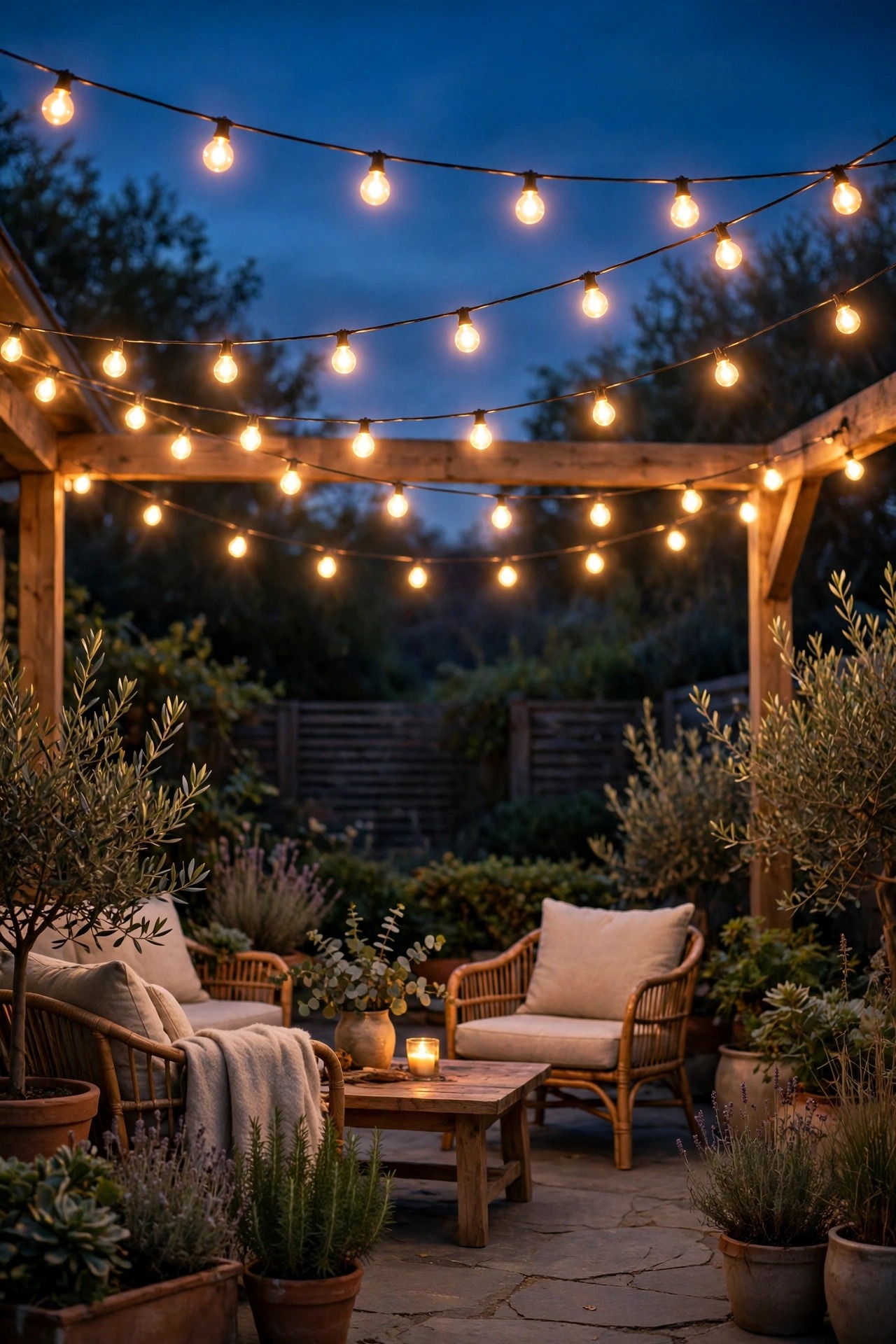 Warm white smart string lights glowing at a consistent warm temperature over a calm backyard patio in the evening