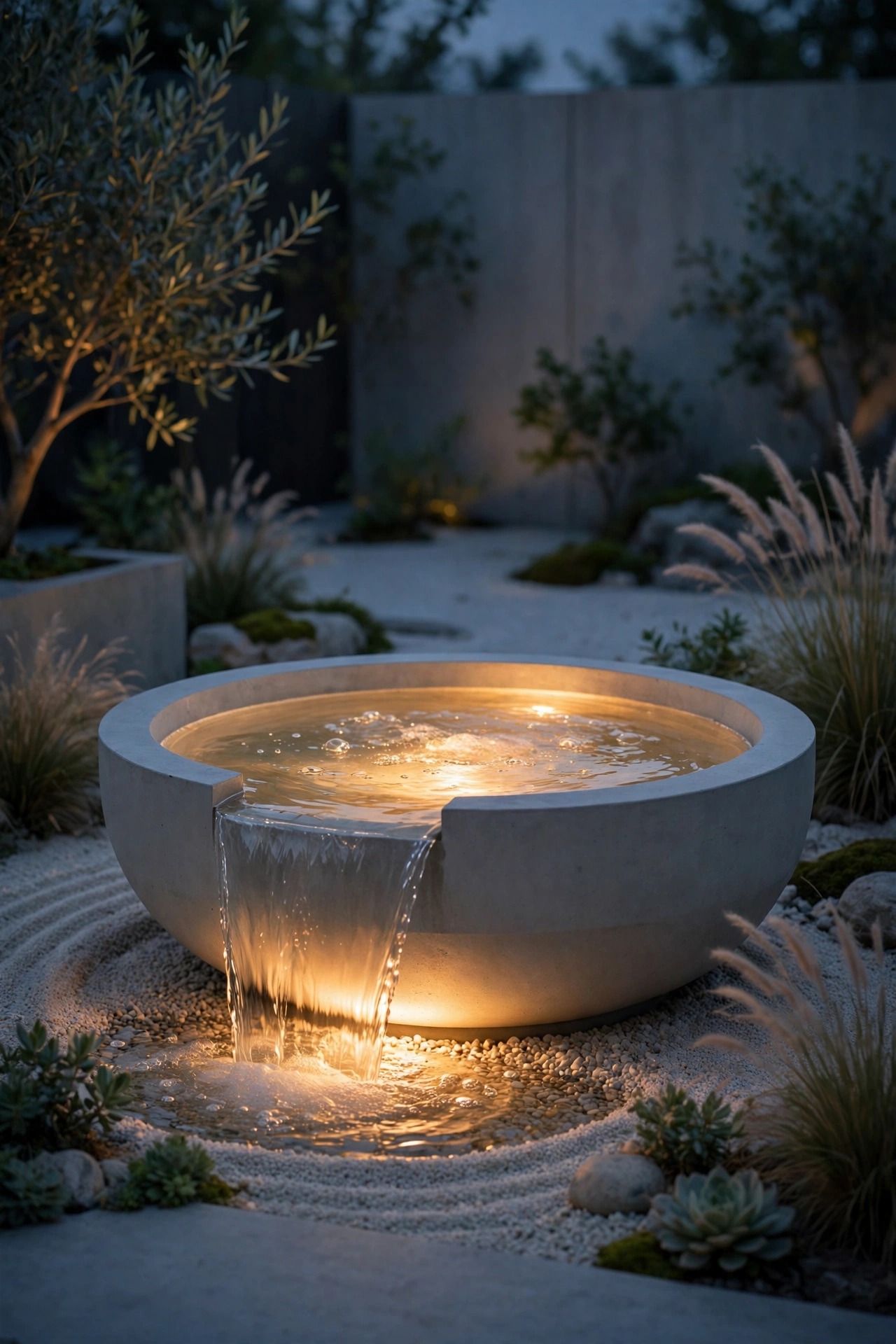 Modern water bowl fountain glowing from a hidden submersible light in a minimalist garden