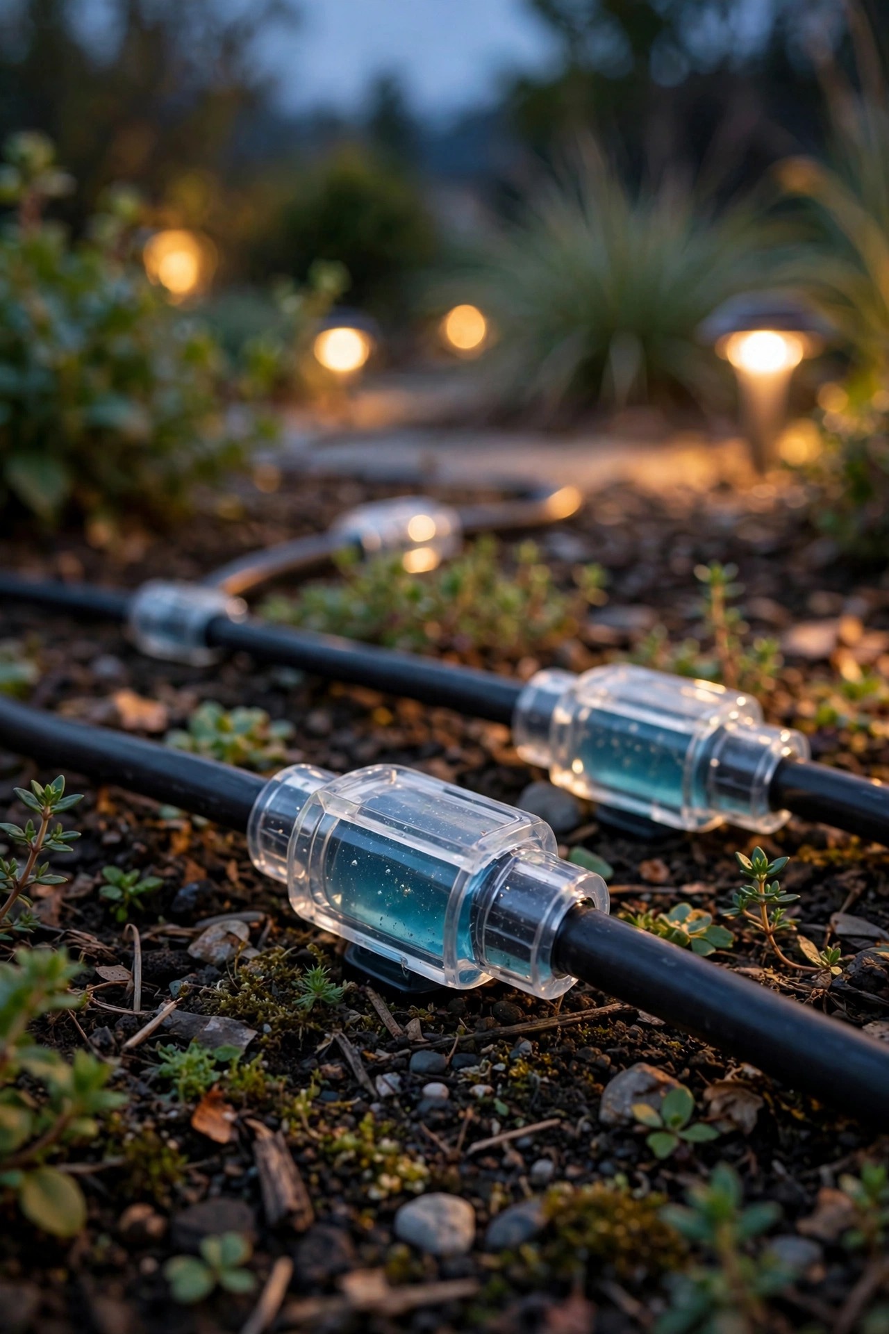Waterproof gel-filled connectors joining low-voltage landscape lighting cables in a garden bed at dusk