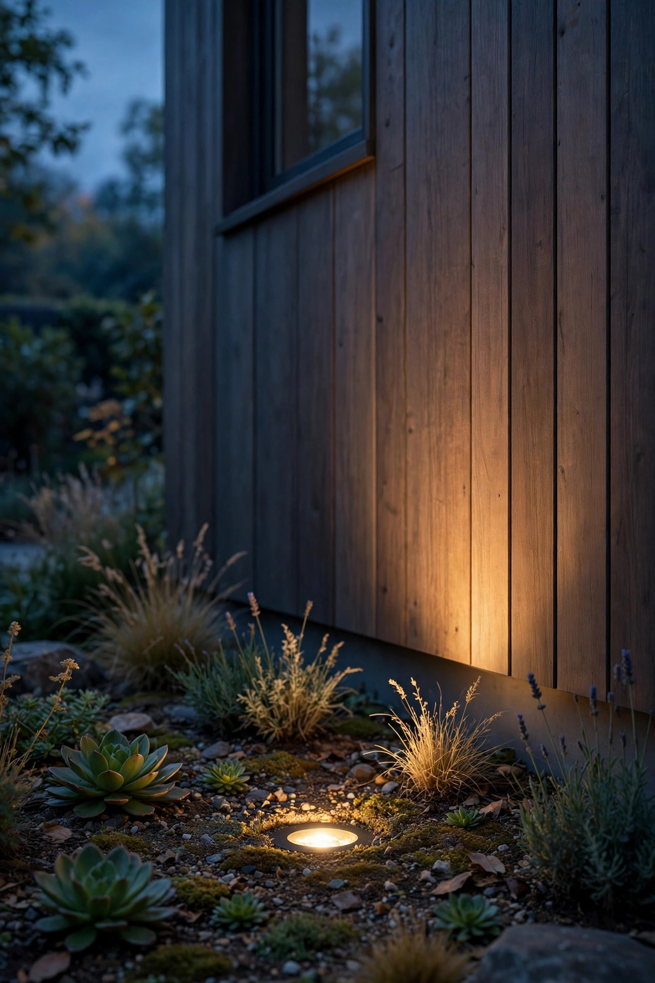 In-ground well light flush with a garden bed casting warm light up a home facade at dusk, fixture nearly invisible