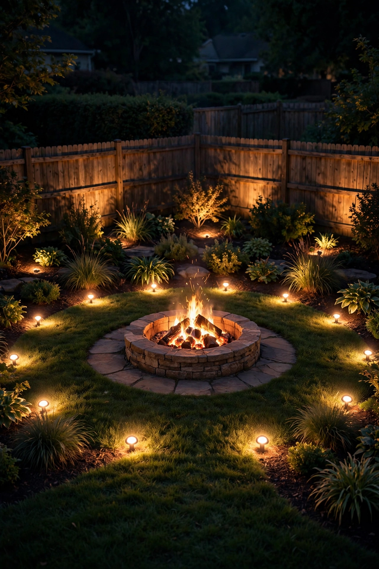 In-ground well lights creating a soft halo of light around a fire pit seating zone