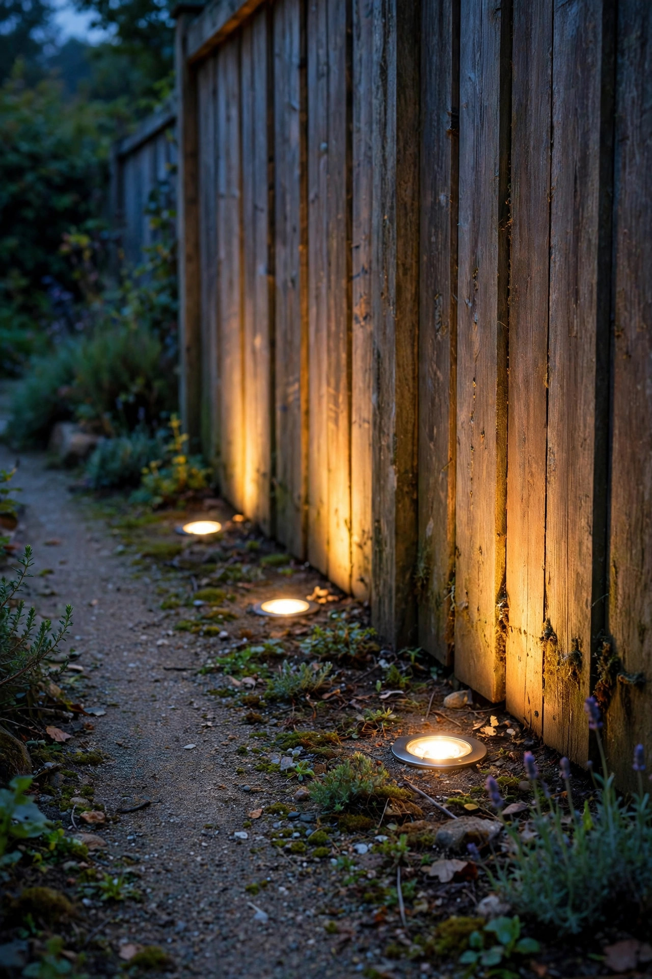 In-ground well lights at the base of a wooden fence washing warm light up the boards beside a gravel side path