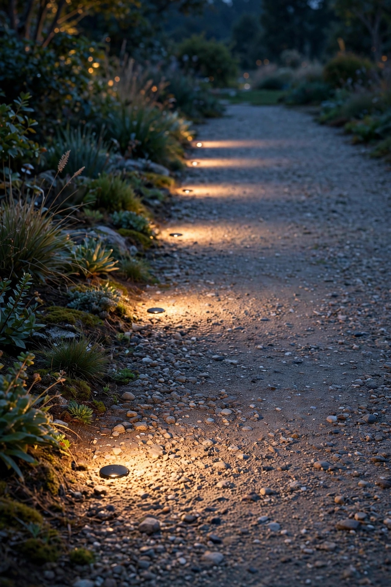 In-ground well lights flush at the edge of a gravel path grazing warm light across the surface at dusk, fixtures nearly invisible
