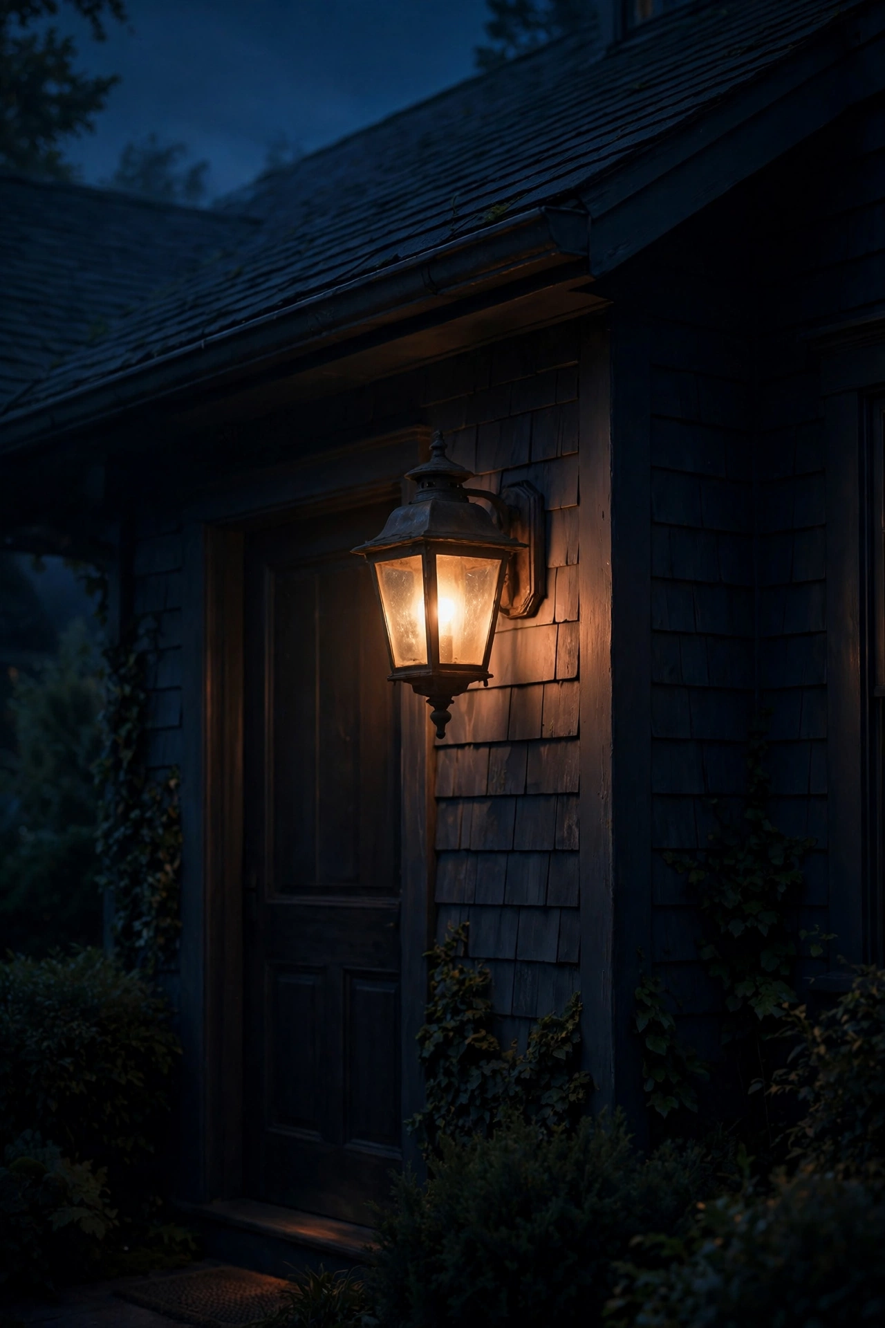 Dim vintage-style porch light glowing softly on a quiet suburban home at night illustrating low-use lighting