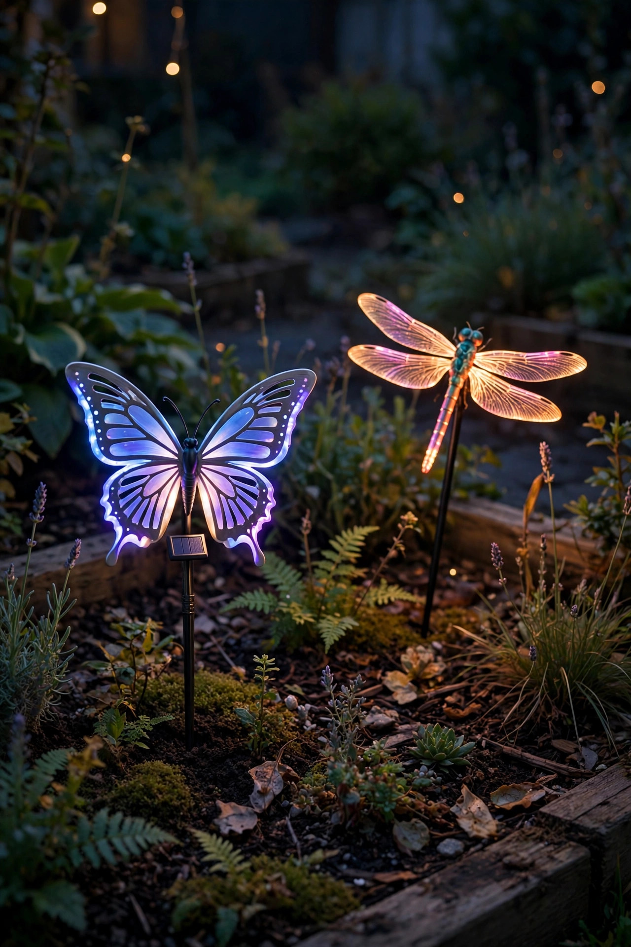 Color changing solar butterfly and dragonfly stakes glowing in a garden bed at night