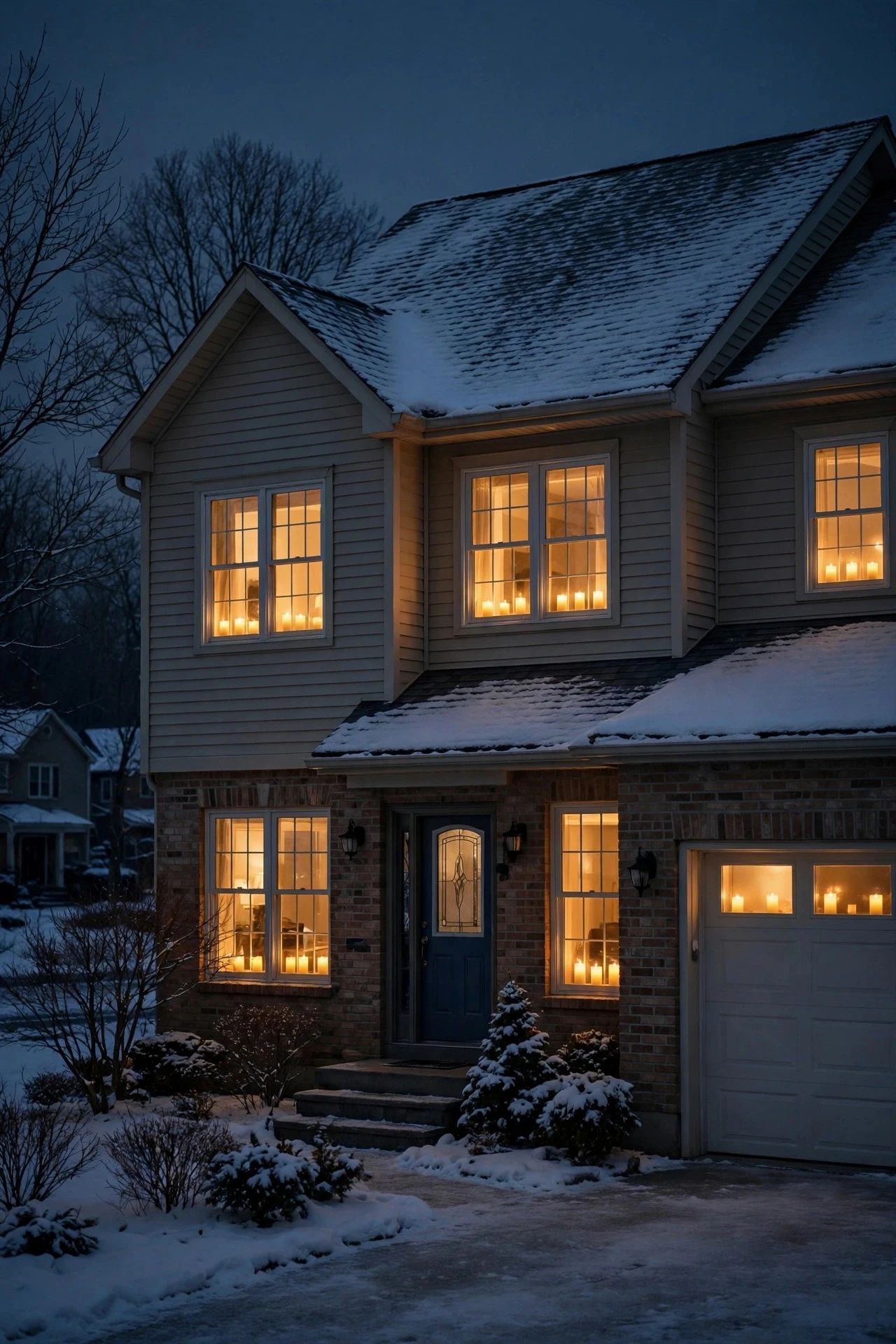 Flameless LED window candles glowing warmly in house windows on a dark winter night