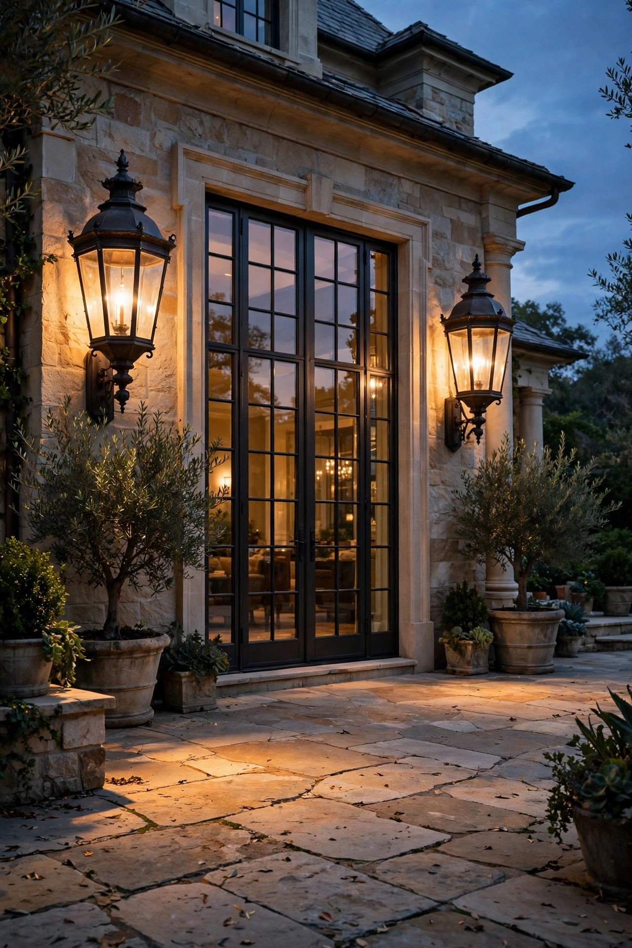 Oversized sconces flanking tall French doors on a large home's front terrace at dusk, warm light spilling across stone pavers