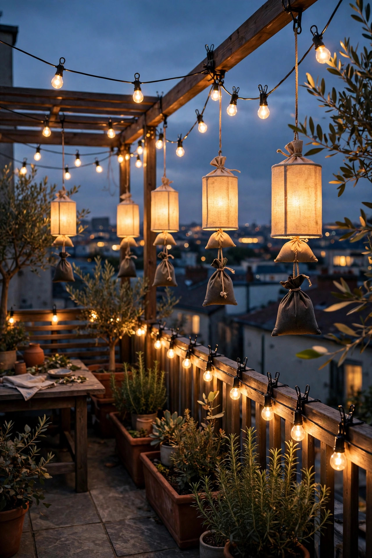 Weighted lanterns and securely clipped string lights on a breezy rooftop terrace at dusk, everything stable and glowing warm