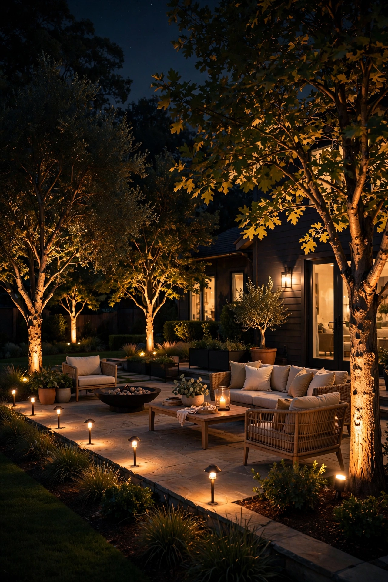 Elegant suburban patio at night with wired uplights glowing on trees and warm path lights lining the entertaining space