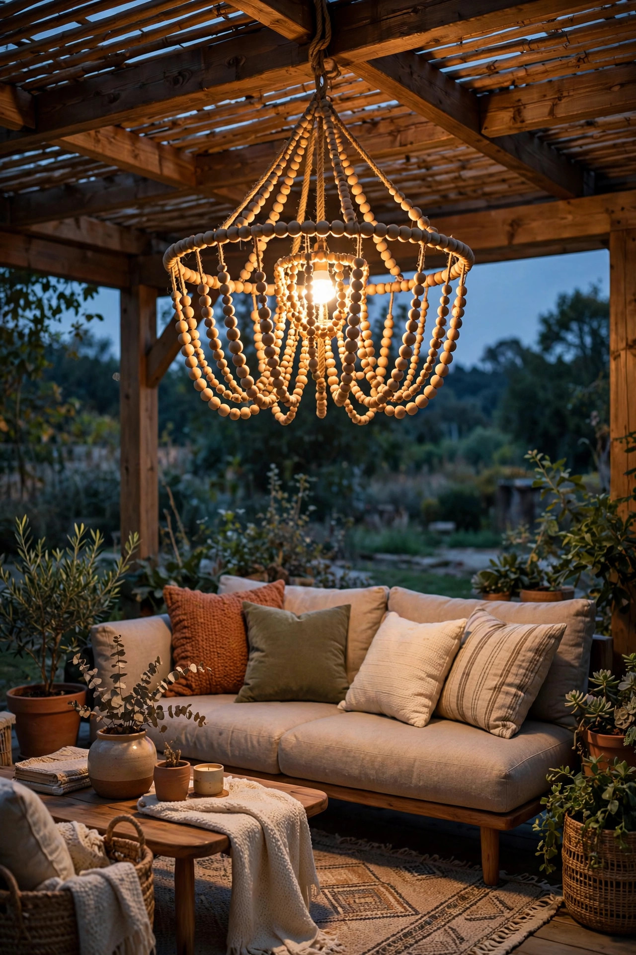 Wood-bead outdoor chandelier glowing over a cozy covered patio lounge